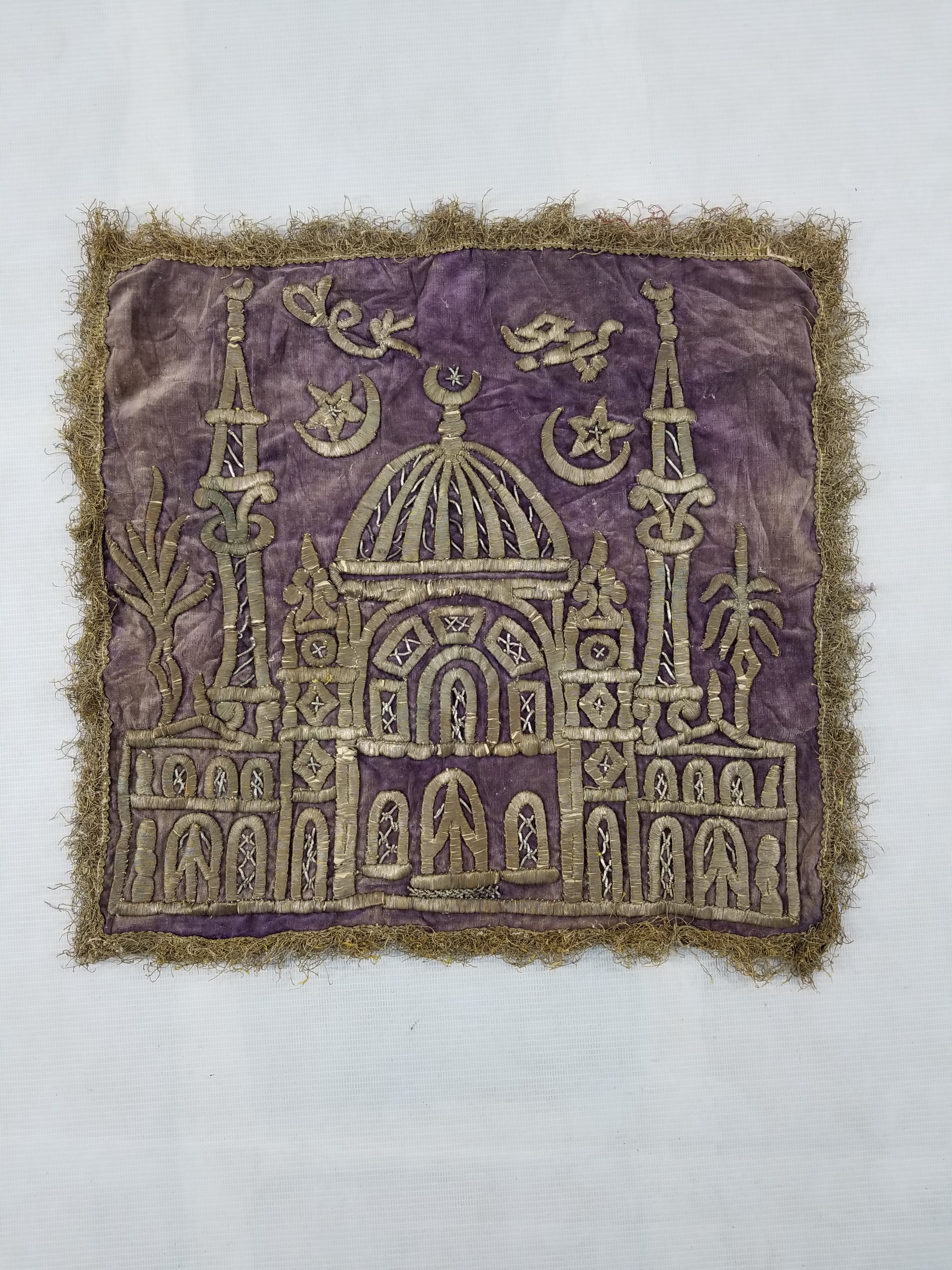 Antique Ottoman Mosque Gold Metallic Embroidered Velvet Religious Panel 38x38cms