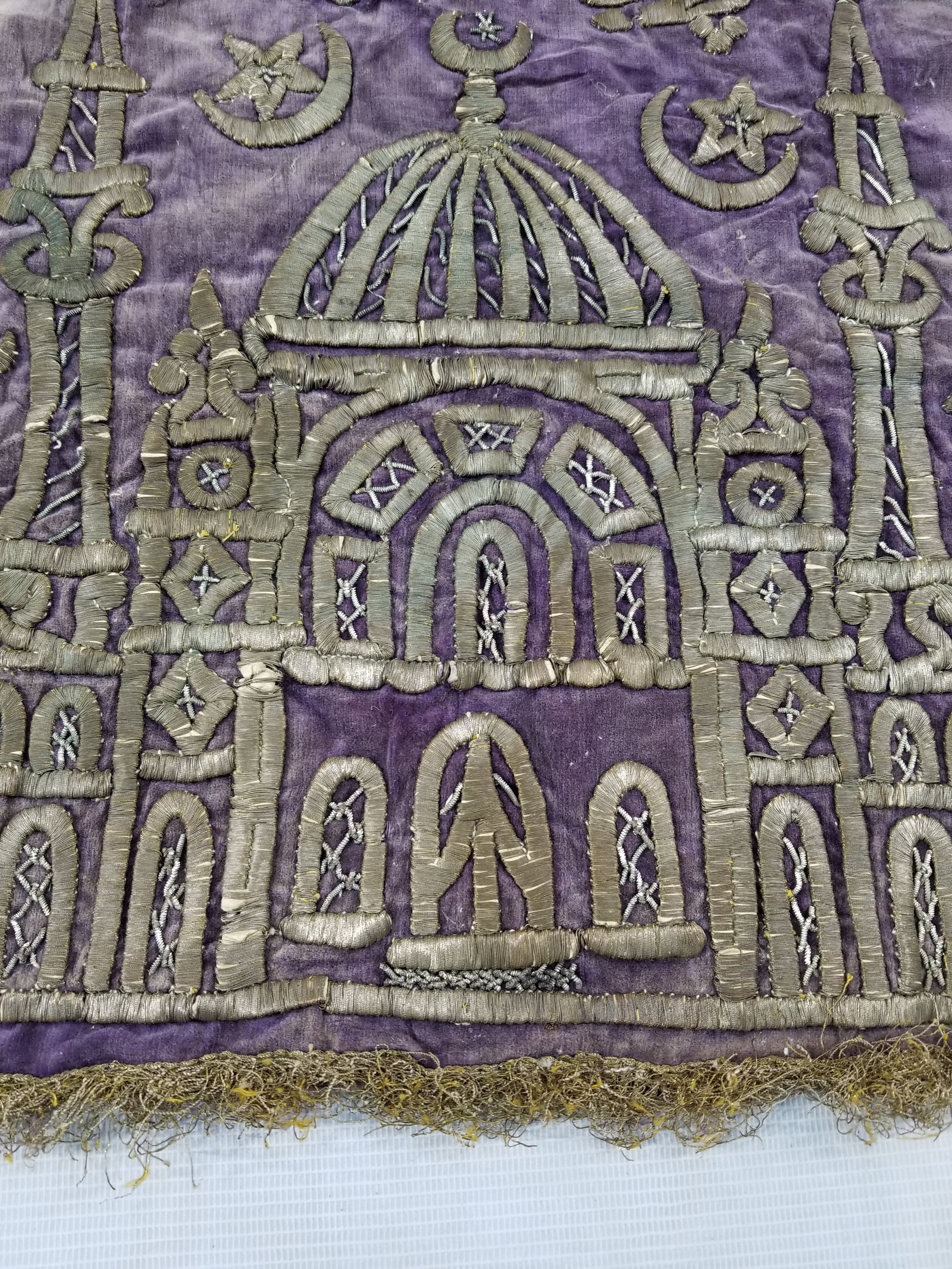 Antique Ottoman Mosque Gold Metallic Embroidered Velvet Religious Panel 38x38cms
