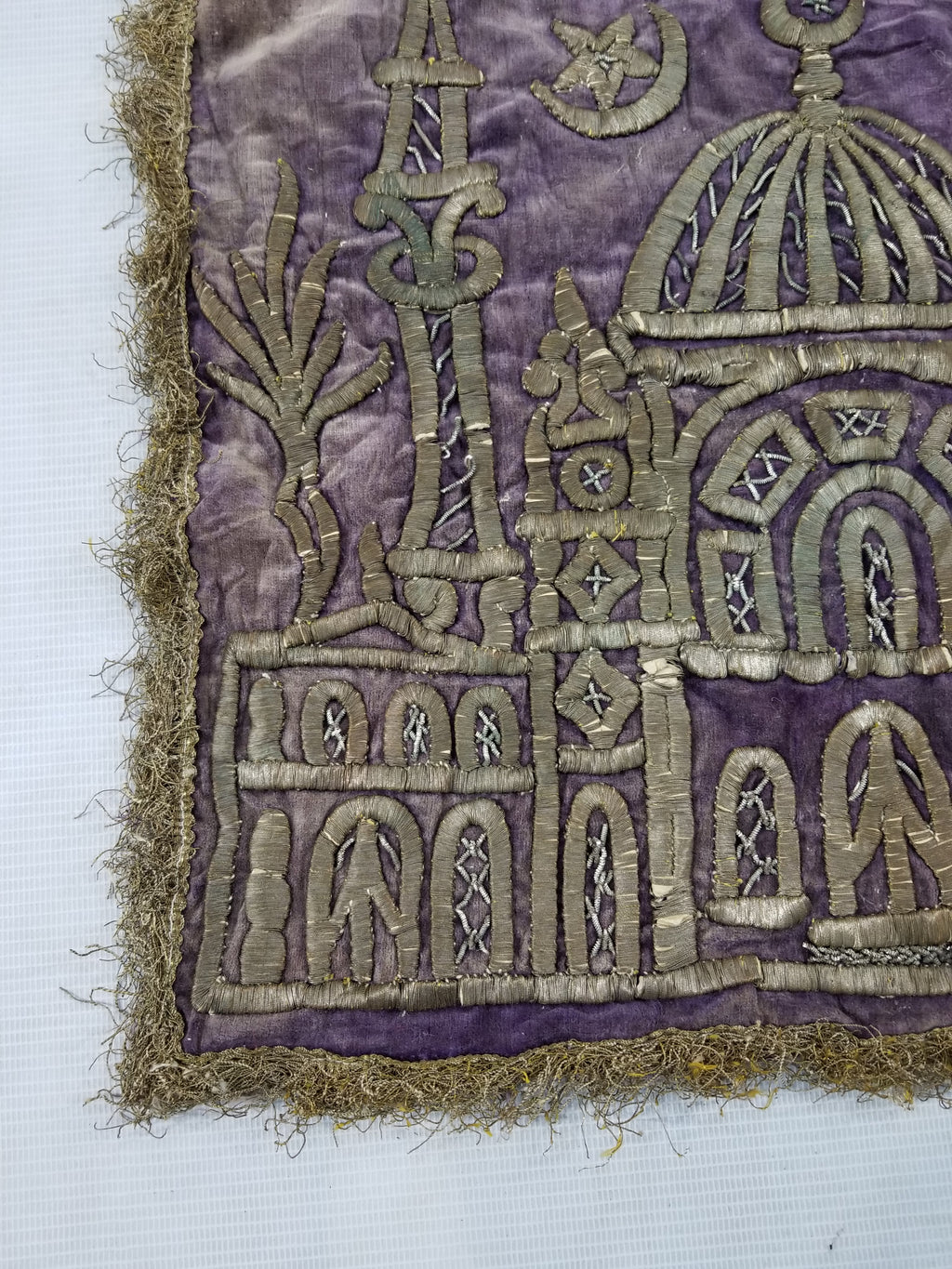 Antique Ottoman Mosque Gold Metallic Embroidered Velvet Religious Panel 38x38cms
