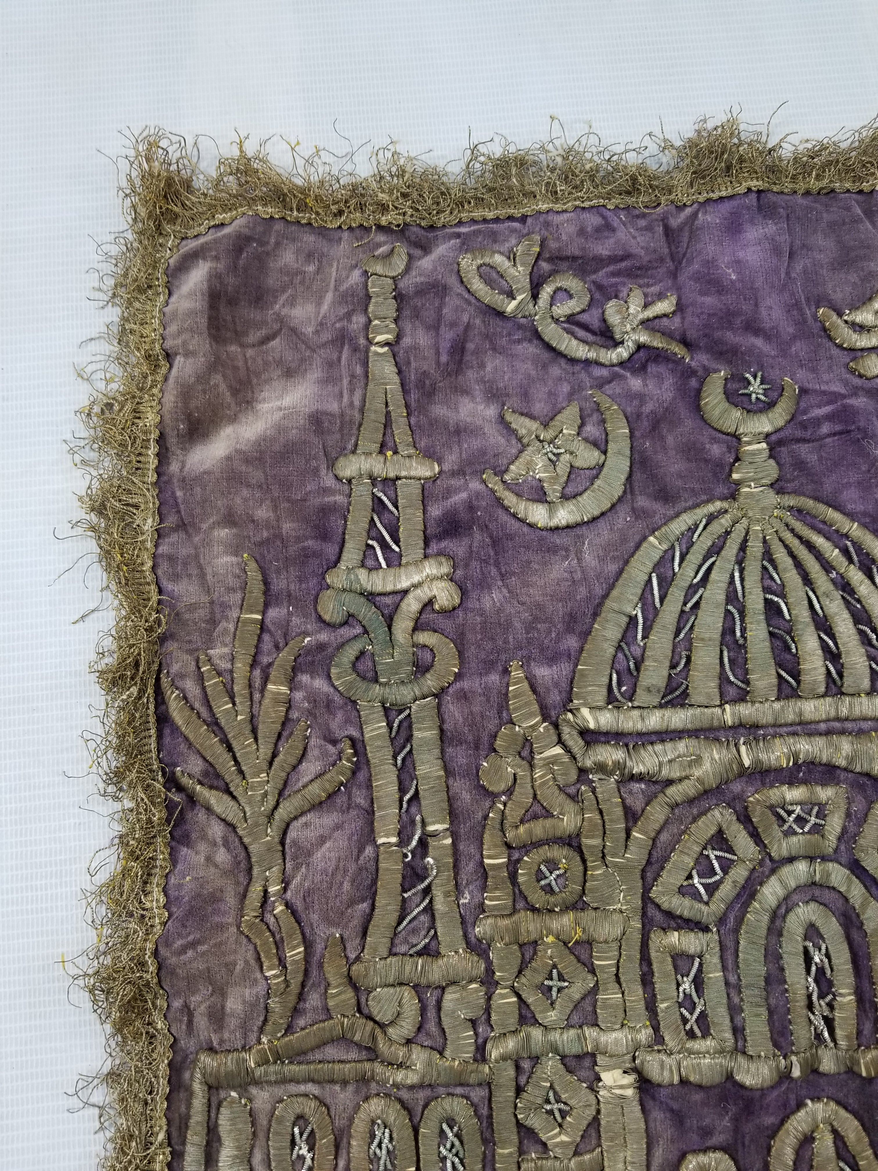 Antique Ottoman Mosque Gold Metallic Embroidered Velvet Religious Panel 38x38cms