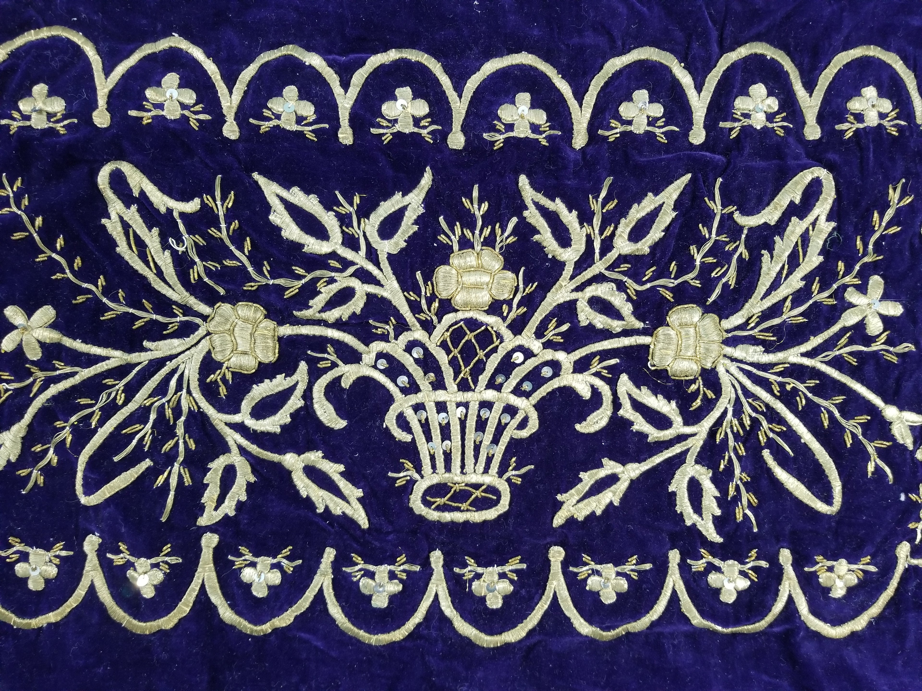 Antique Ottoman Floral Gold Metallic Embroidered Velvet Panel 69x39cms