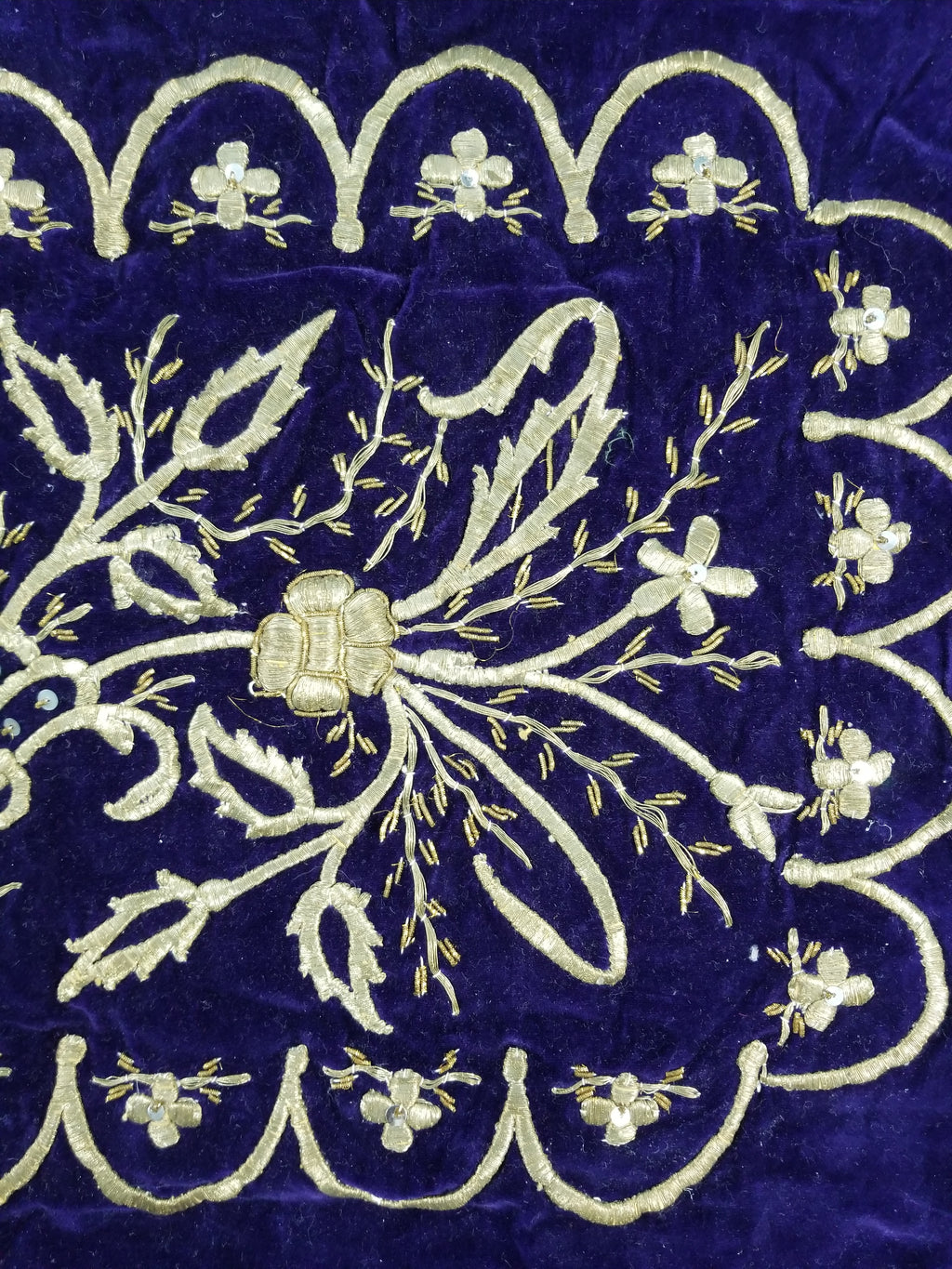 Antique Ottoman Floral Gold Metallic Embroidered Velvet Panel 69x39cms