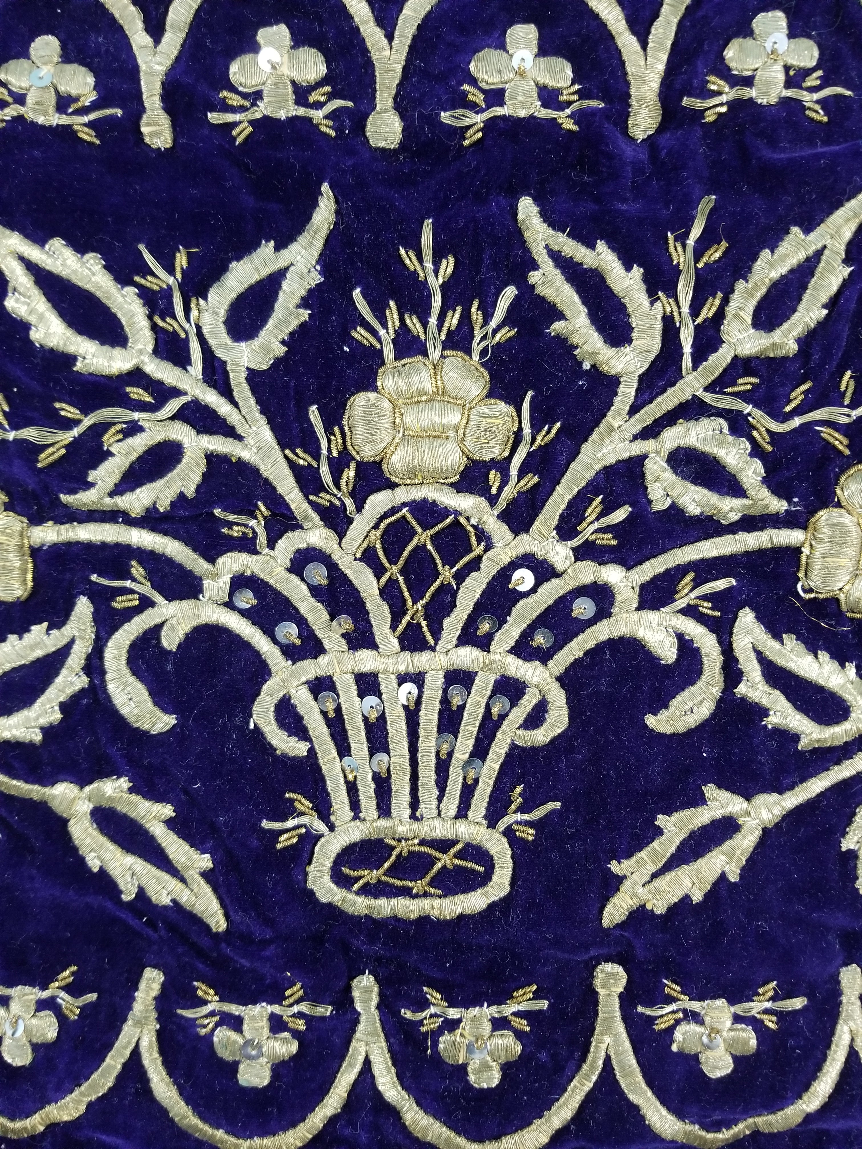 Antique Ottoman Floral Gold Metallic Embroidered Velvet Panel 69x39cms