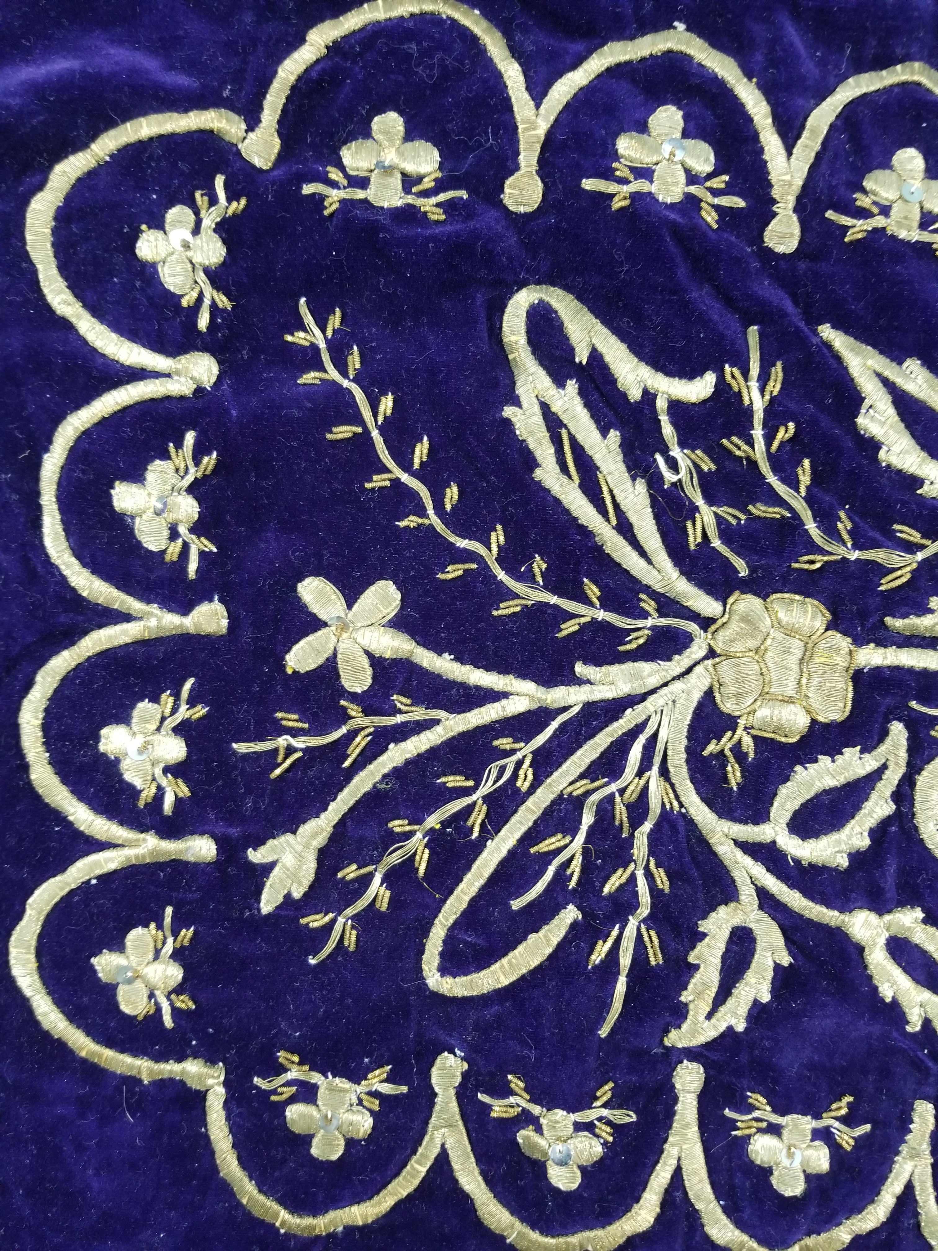 Antique Ottoman Floral Gold Metallic Embroidered Velvet Panel 69x39cms