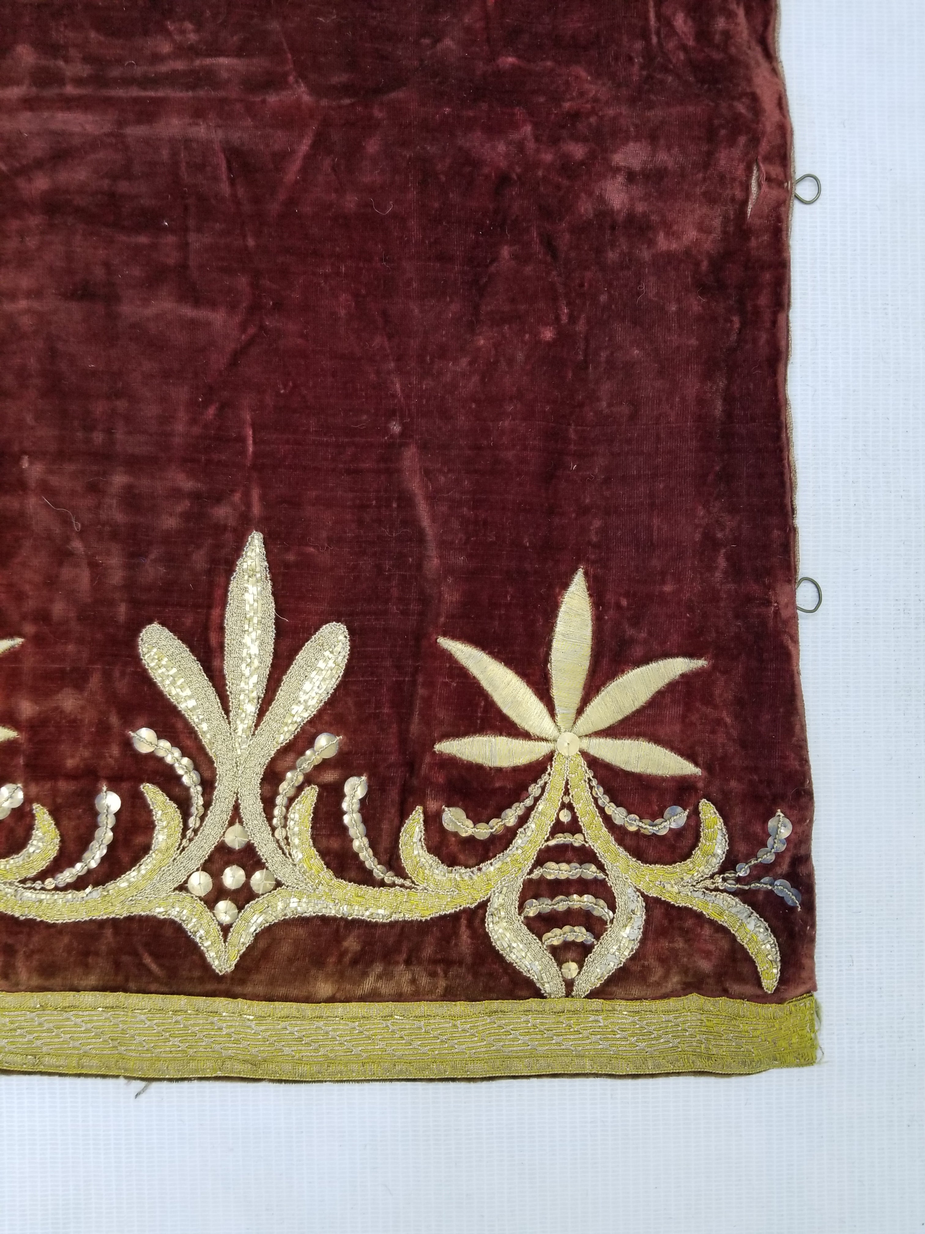 Antique Ottoman Gold Metallic Embroidered Velvet Wall Hanging 208x58cm