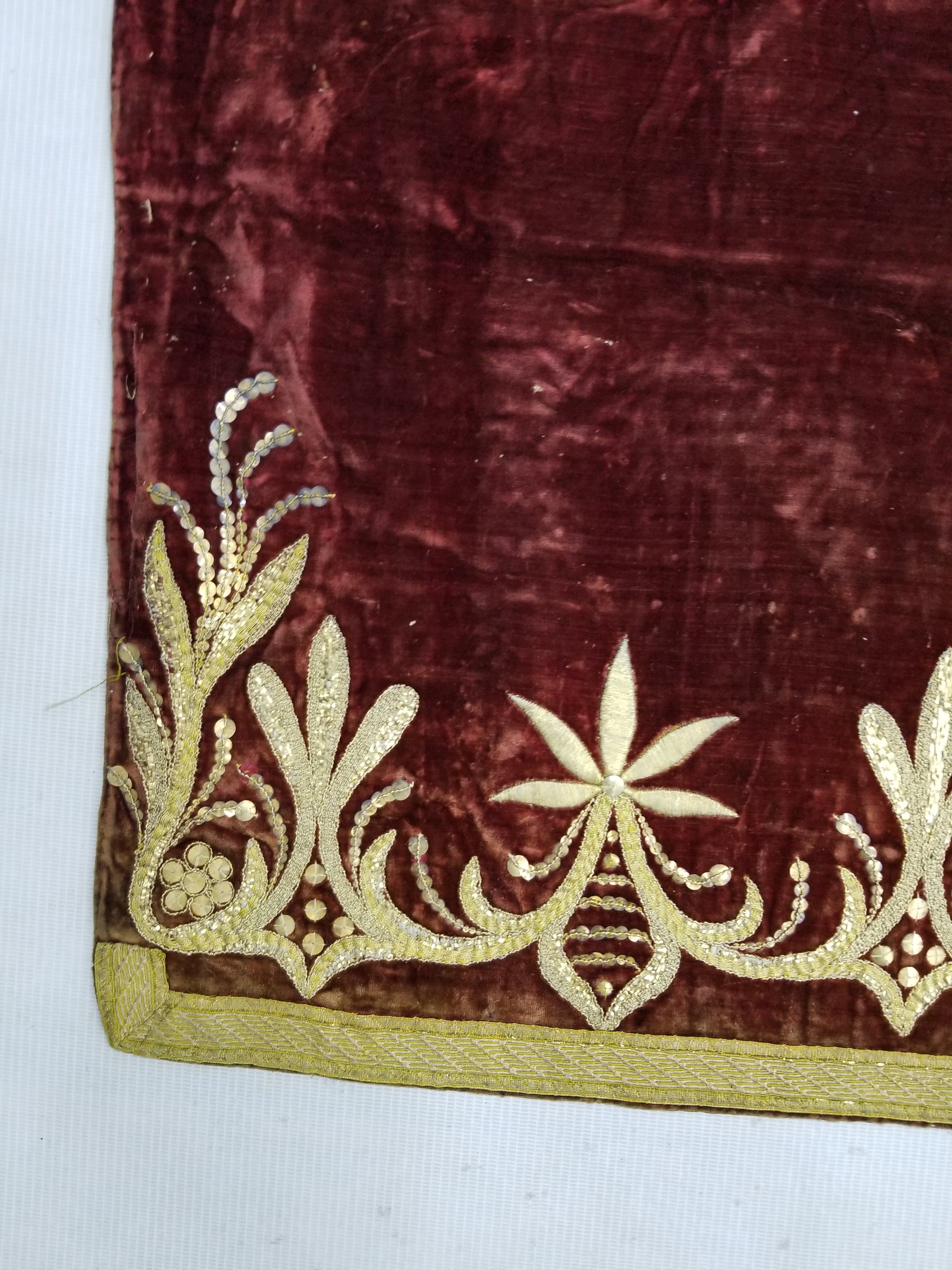 Antique Ottoman Gold Metallic Embroidered Velvet Wall Hanging 208x58cm
