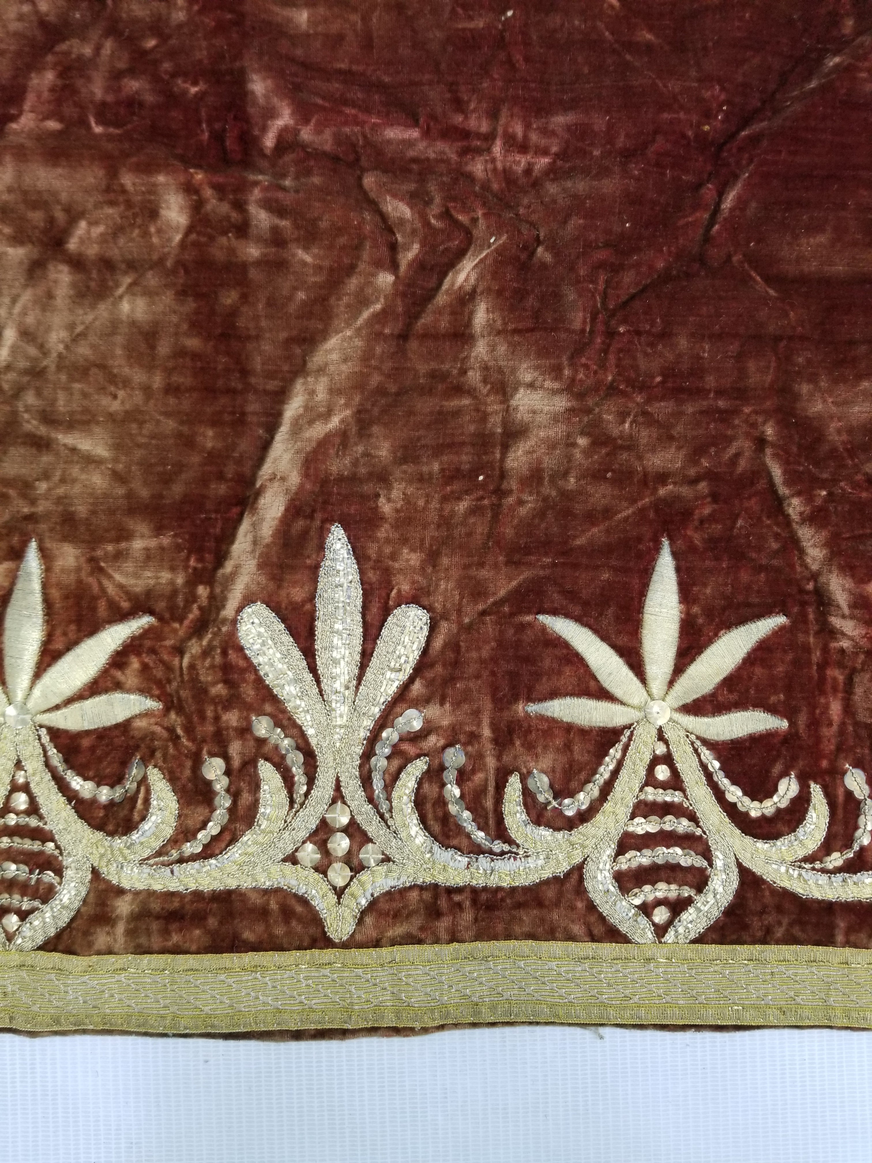 Antique Ottoman Gold Metallic Embroidered Velvet Wall Hanging 208x58cm