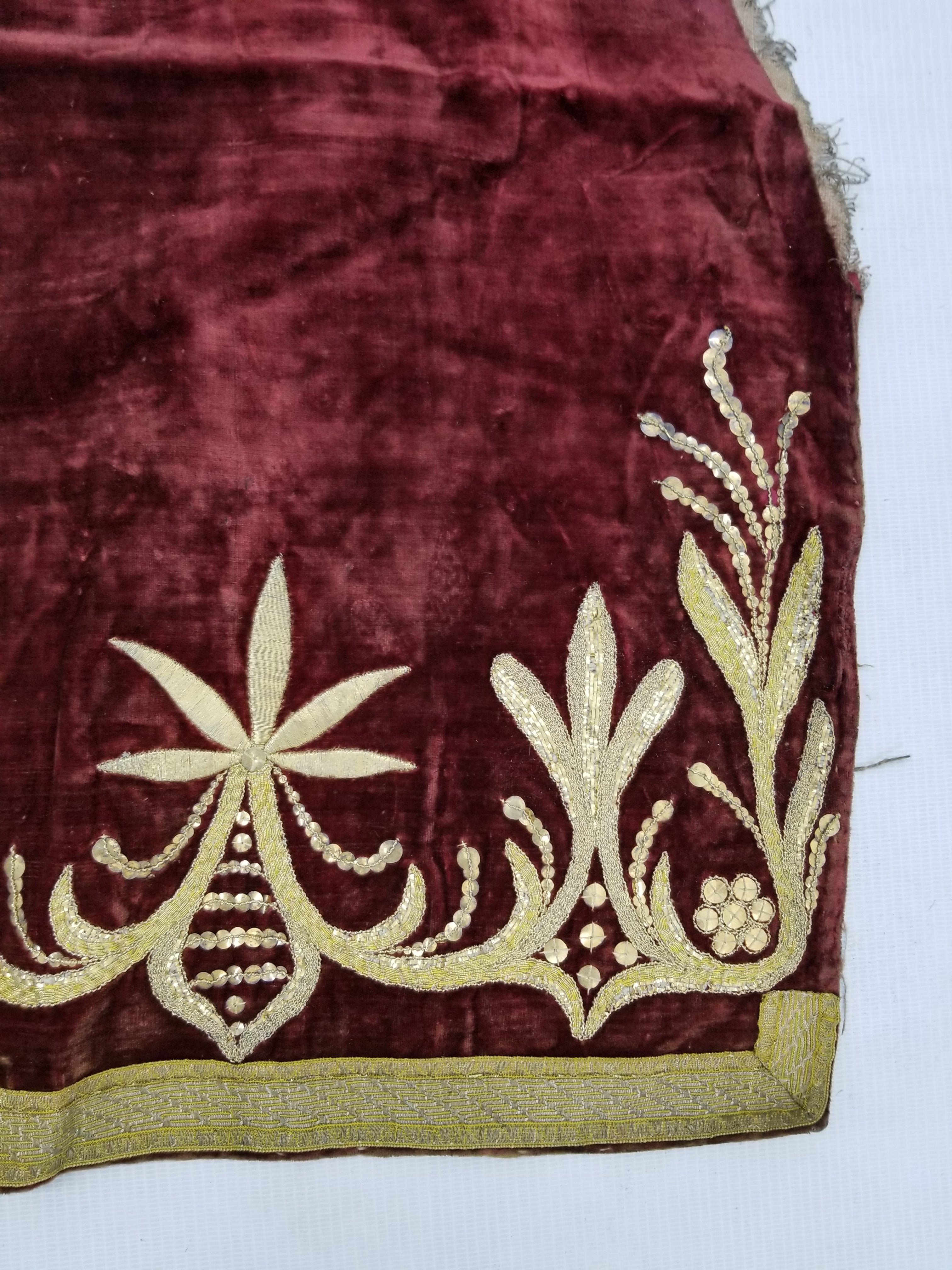 Antique Ottoman Gold Metallic Embroidered Velvet Wall Hanging 208x58cm