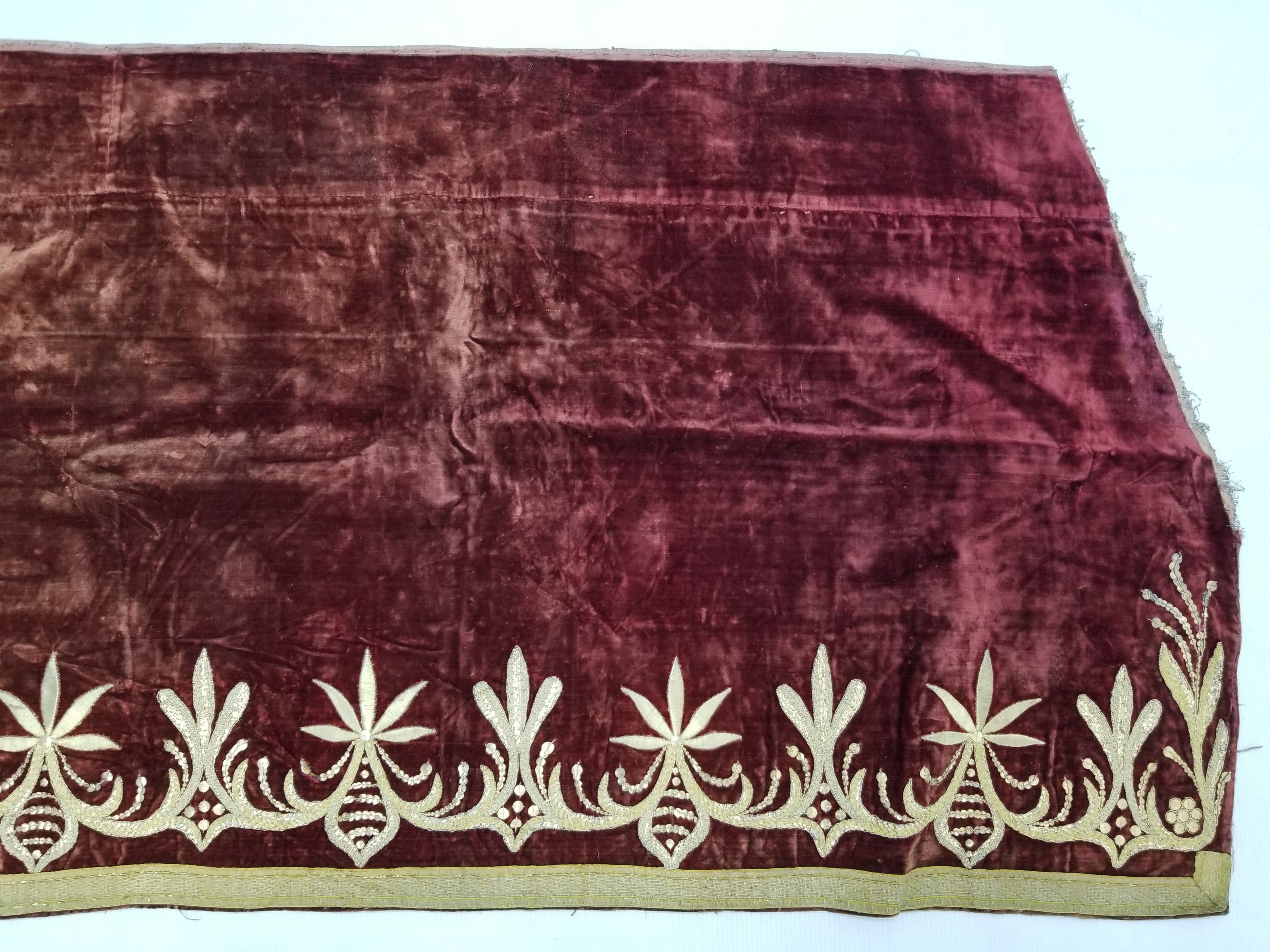 Antique Ottoman Gold Metallic Embroidered Velvet Wall Hanging 208x58cm