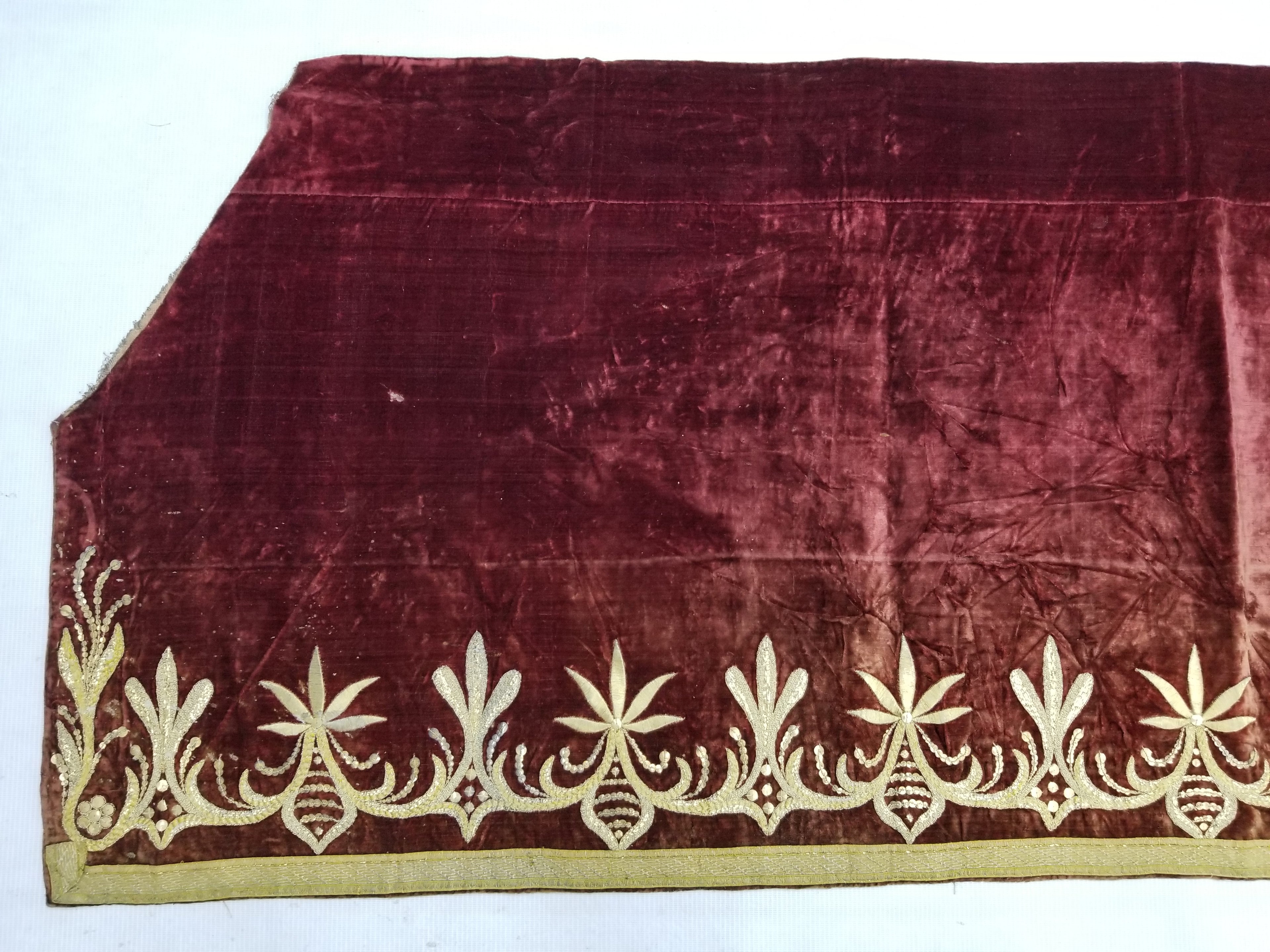 Antique Ottoman Gold Metallic Embroidered Velvet Wall Hanging 209x58cm