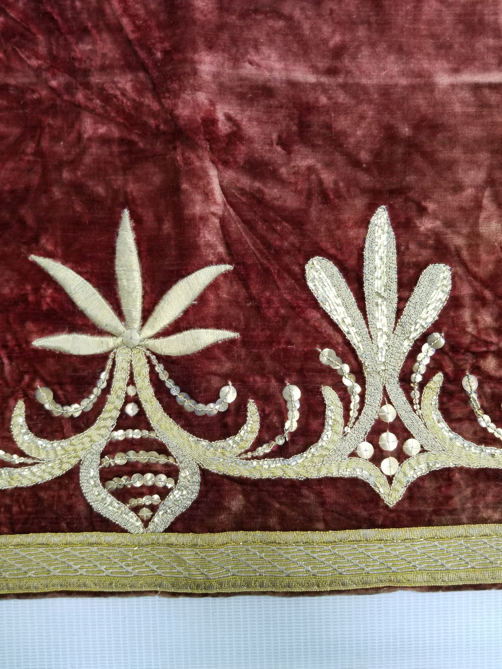 Antique Ottoman Gold Metallic Embroidered Velvet Wall Hanging 209x58cm