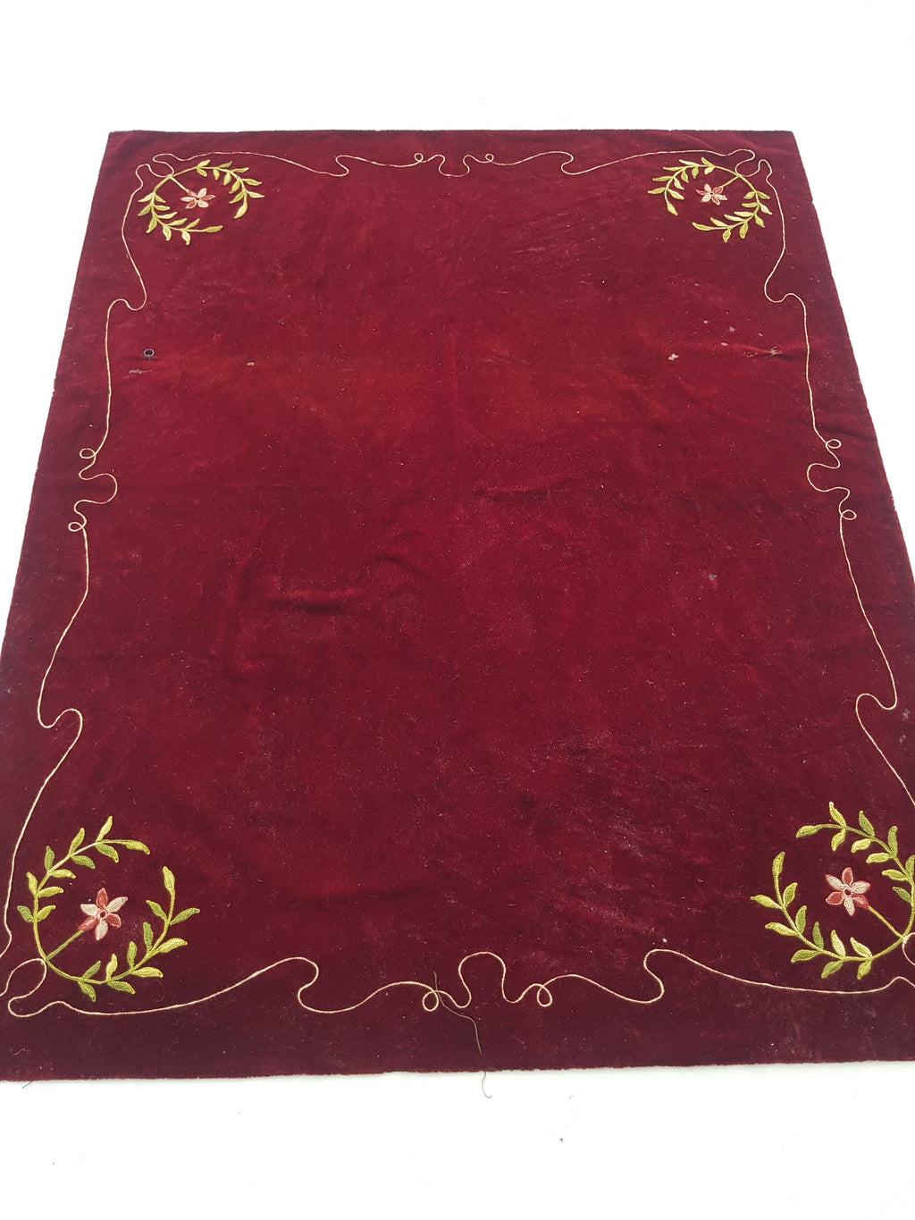 Antique Traditional Floral Hand Embroidered Burgundy Velvet Textile 156x128cm