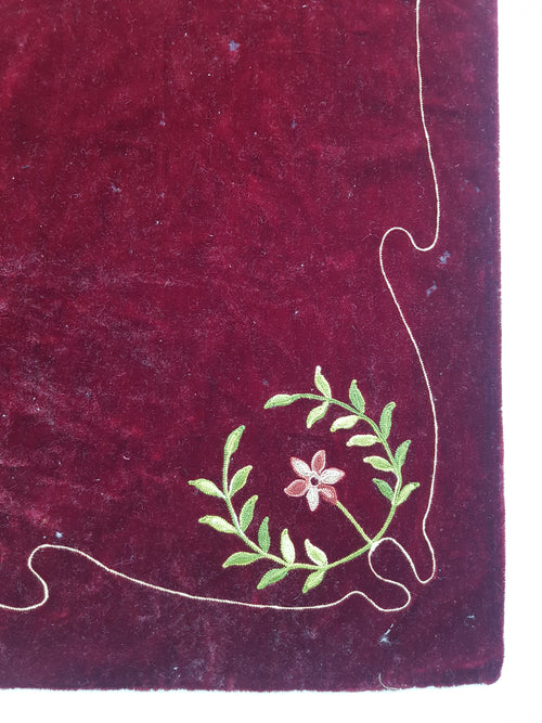 Antique Traditional Floral Hand Embroidered Burgundy Velvet Textile 156x128cm