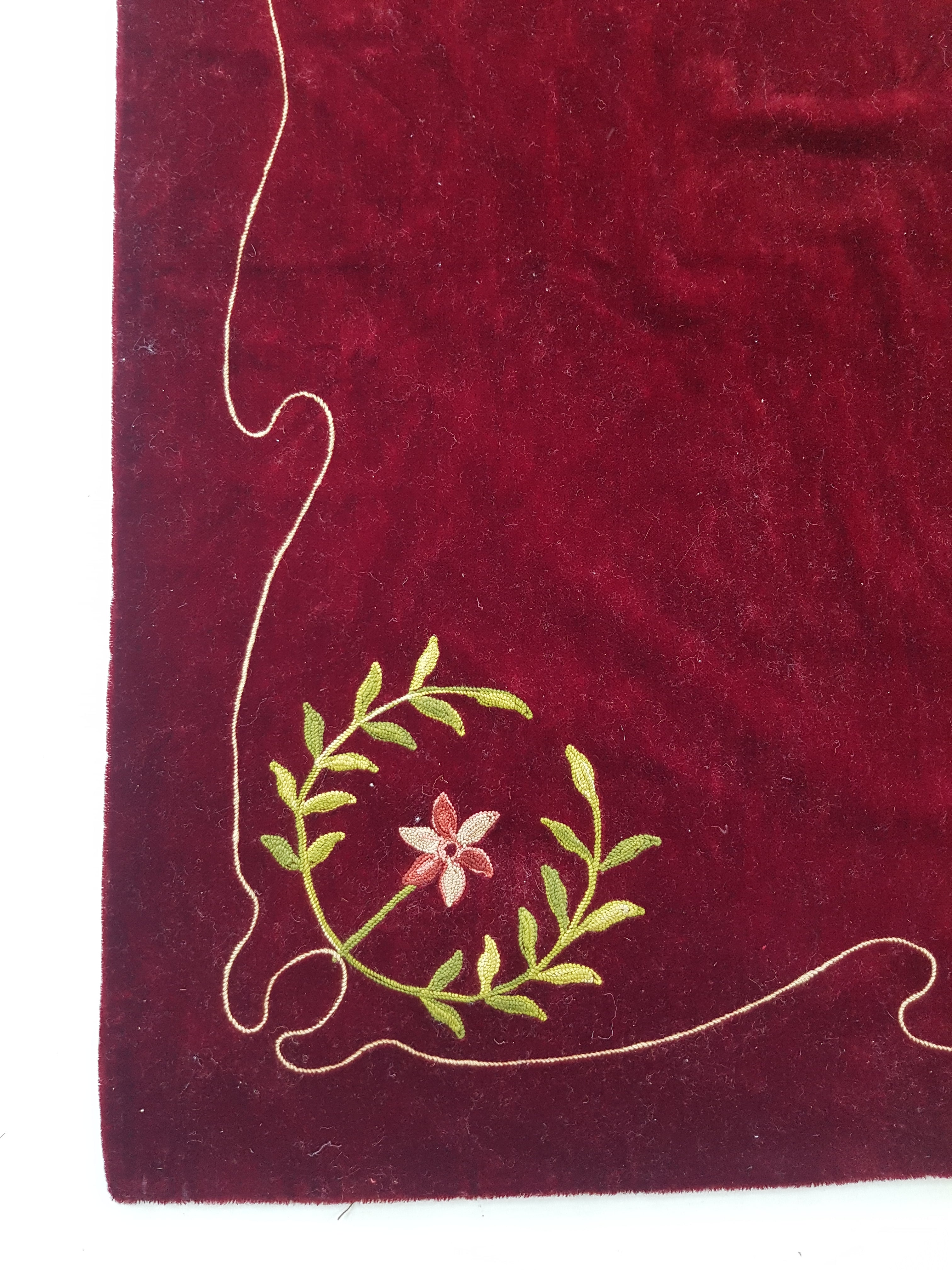 Antique Traditional Floral Hand Embroidered Burgundy Velvet Textile 156x128cm