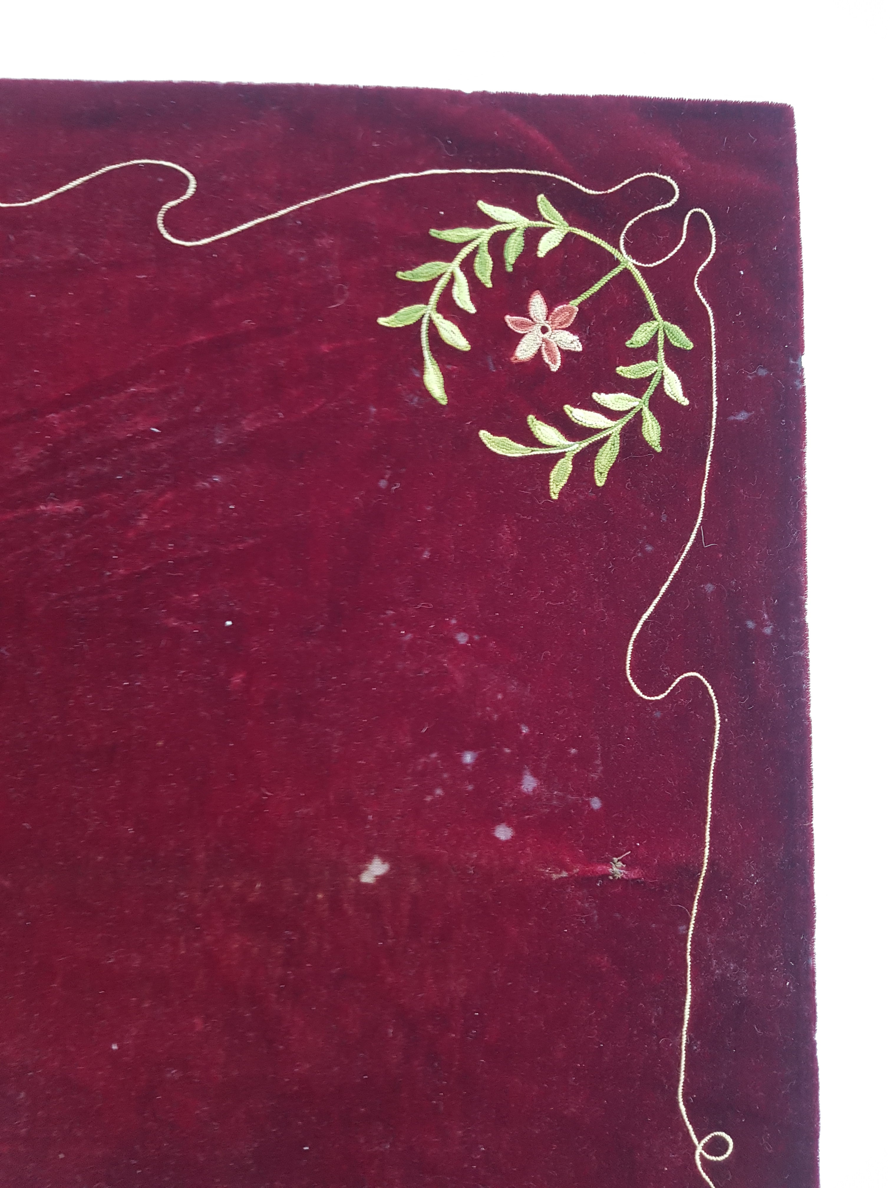 Antique Traditional Floral Hand Embroidered Burgundy Velvet Textile 156x128cm