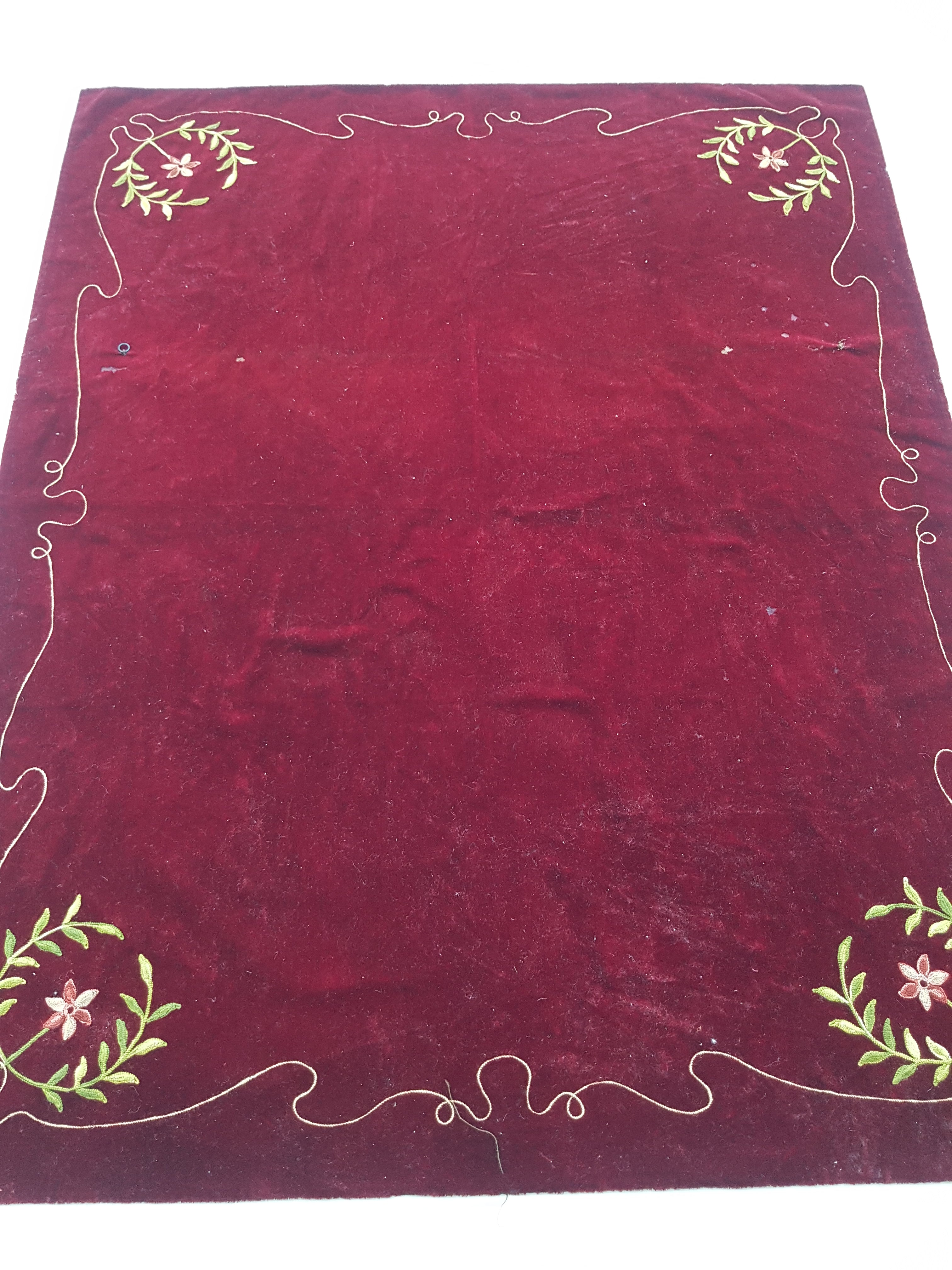 Antique Traditional Floral Hand Embroidered Burgundy Velvet Textile 156x128cm