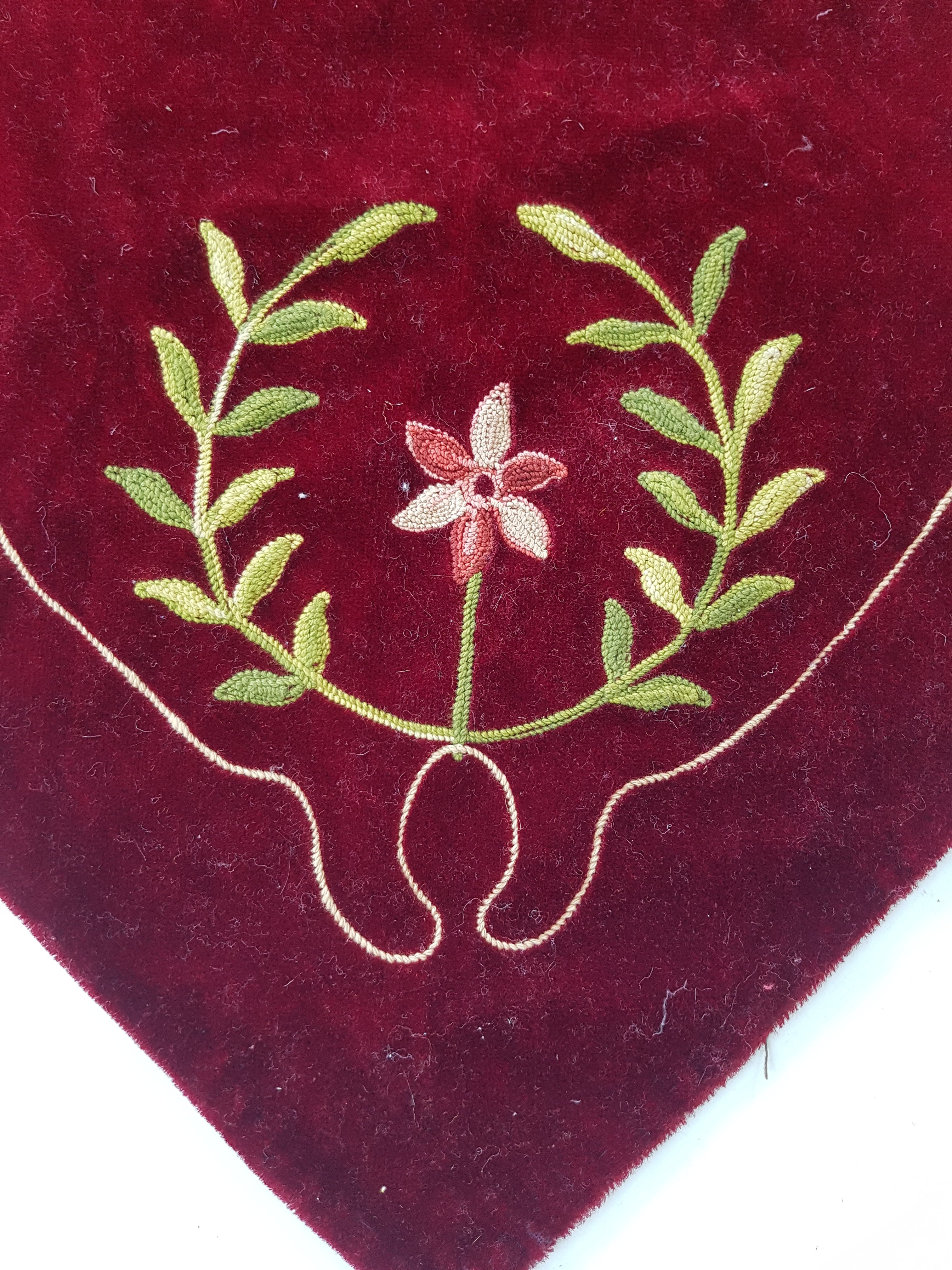 Antique Traditional Floral Hand Embroidered Burgundy Velvet Textile 156x128cm