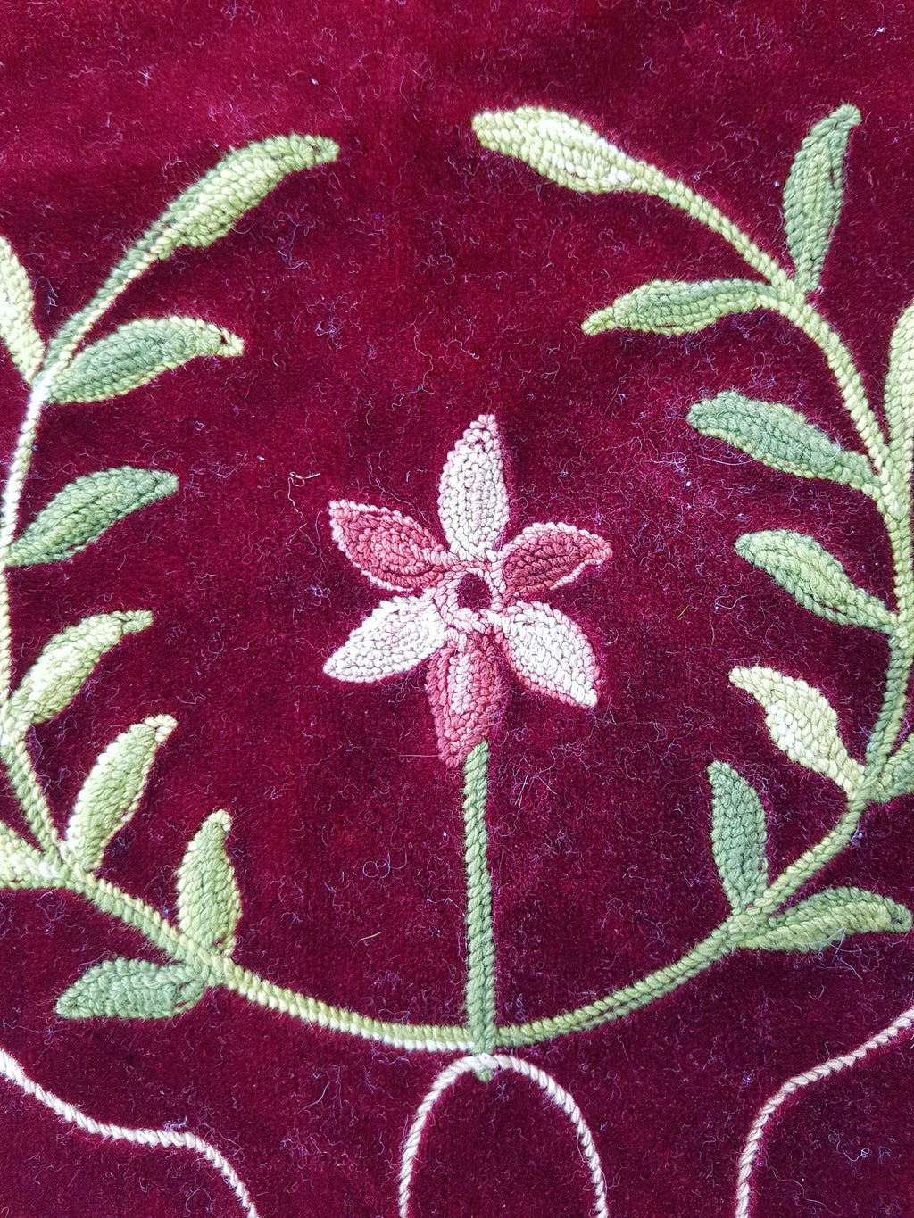 Antique Traditional Floral Hand Embroidered Burgundy Velvet Textile 156x128cm