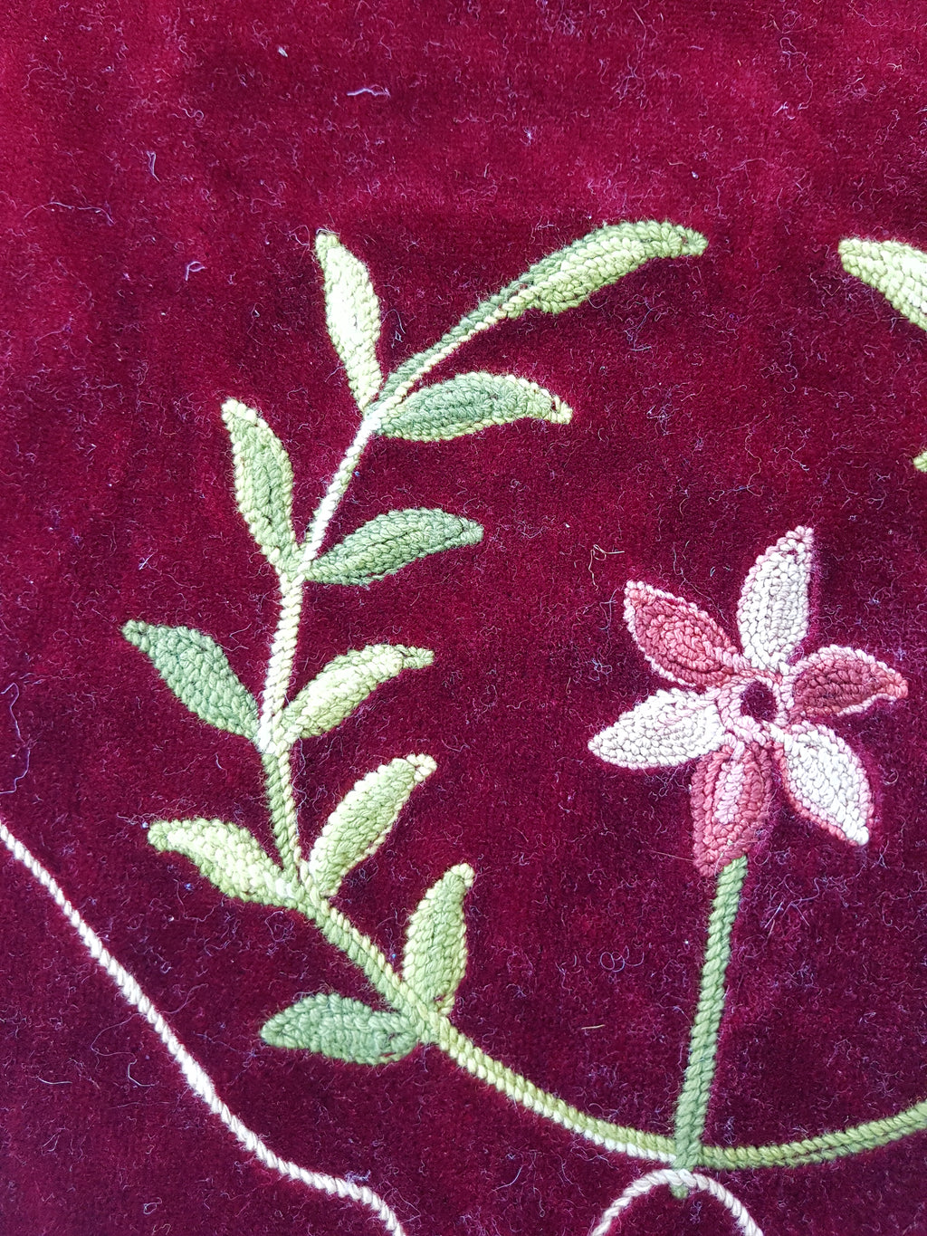 Antique Traditional Floral Hand Embroidered Burgundy Velvet Textile 156x128cm