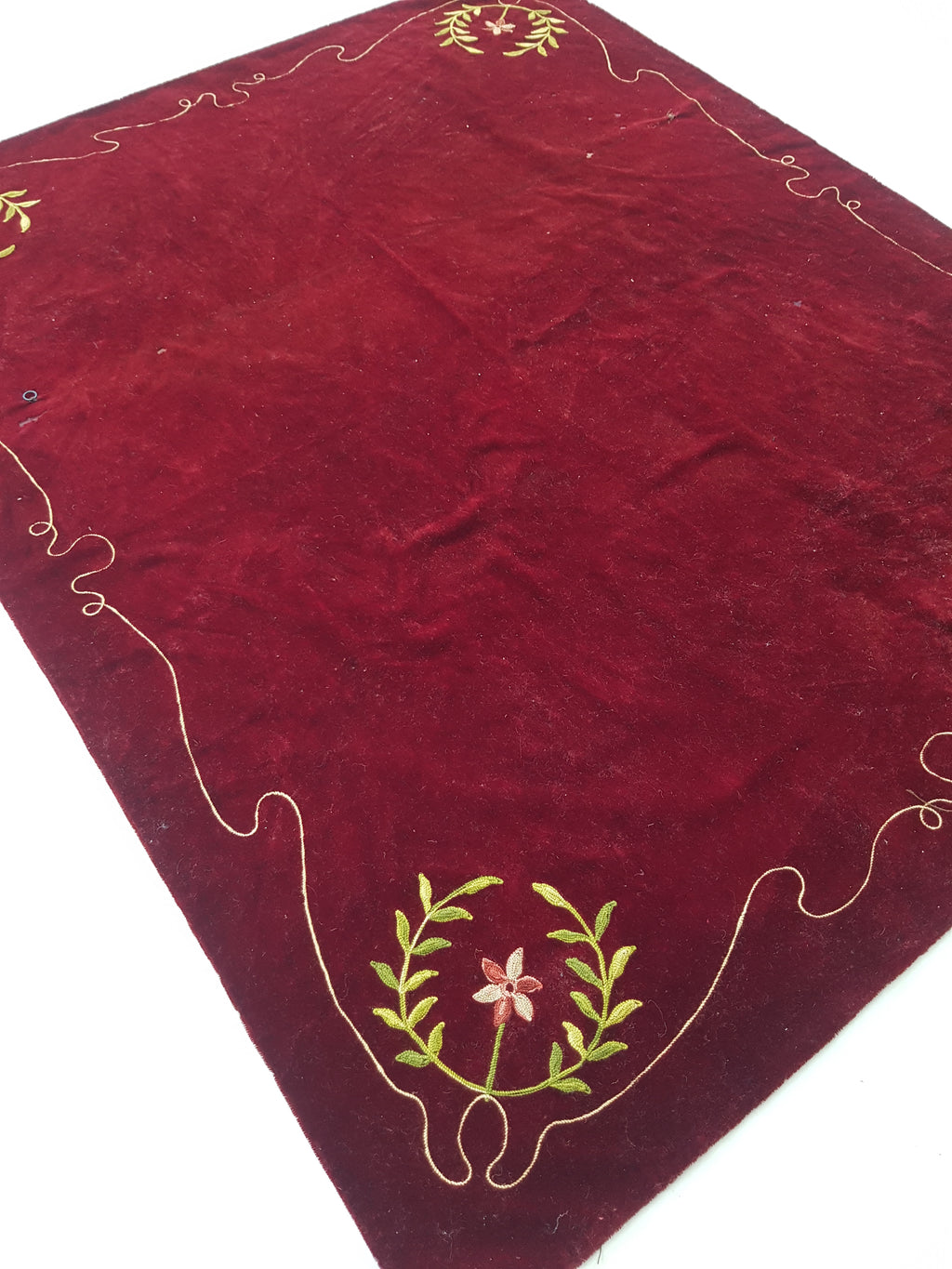 Antique Traditional Floral Hand Embroidered Burgundy Velvet Textile 156x128cm