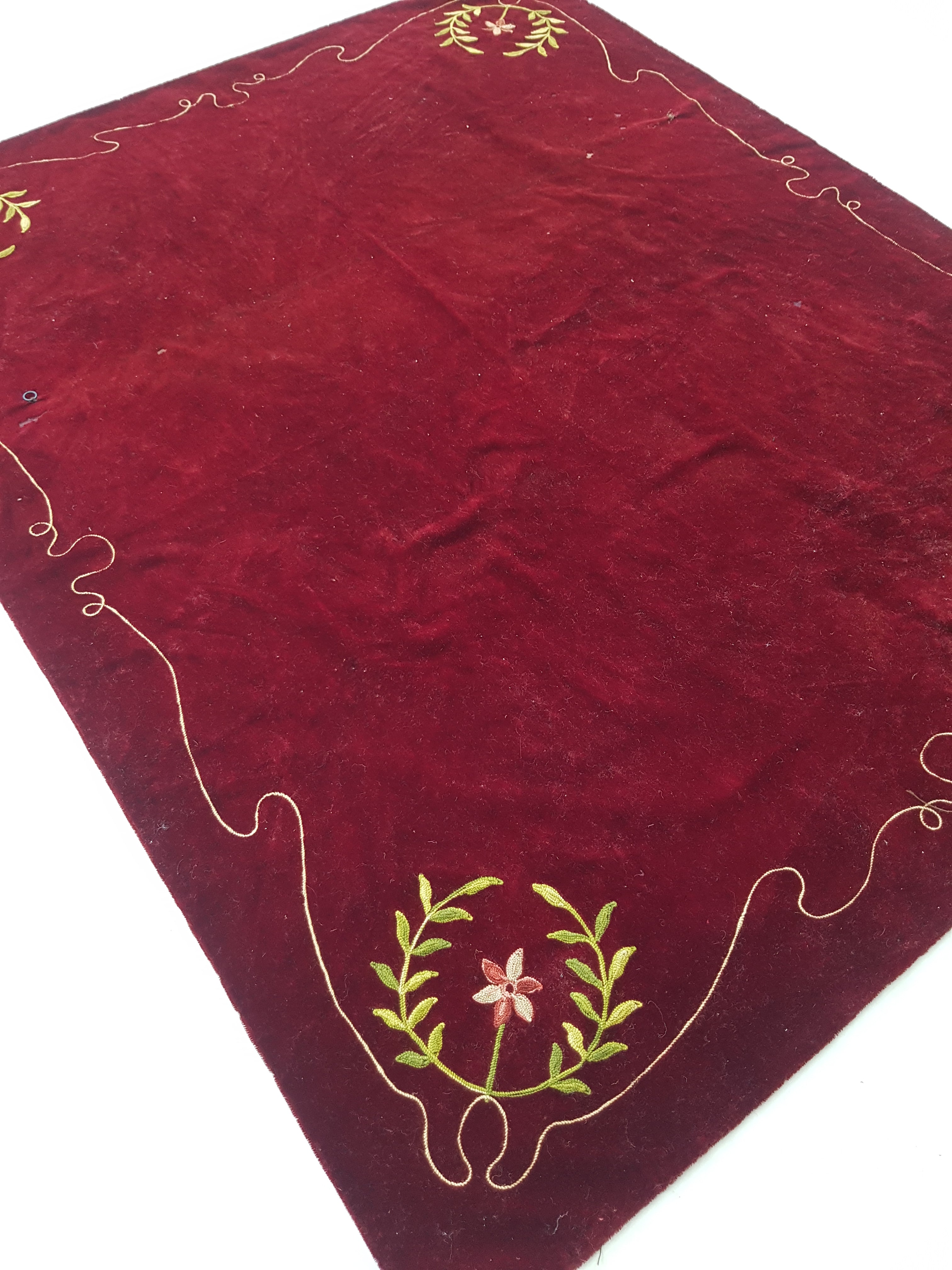 Antique Traditional Floral Hand Embroidered Burgundy Velvet Textile 156x128cm