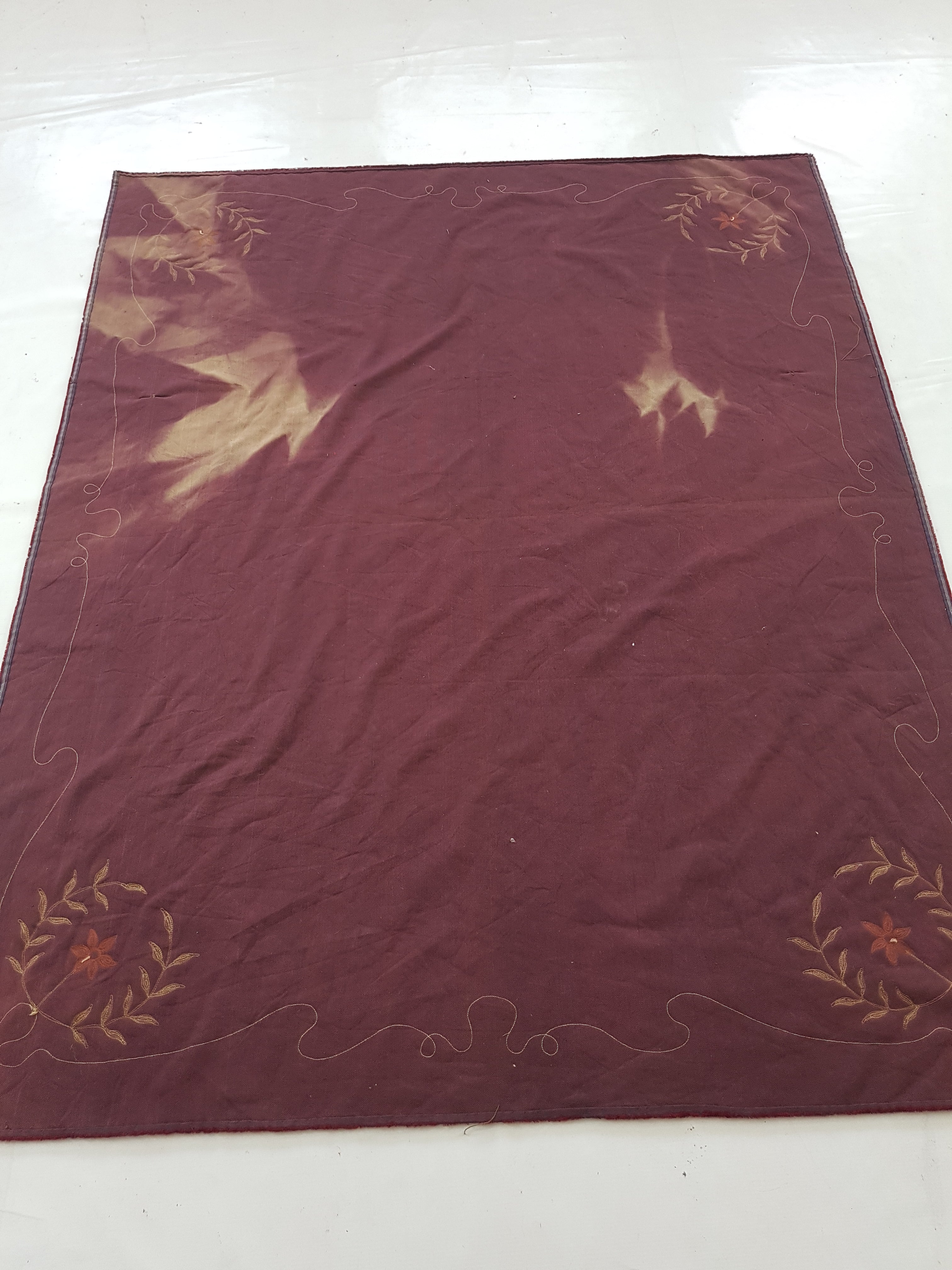 Antique Traditional Floral Hand Embroidered Burgundy Velvet Textile 156x128cm