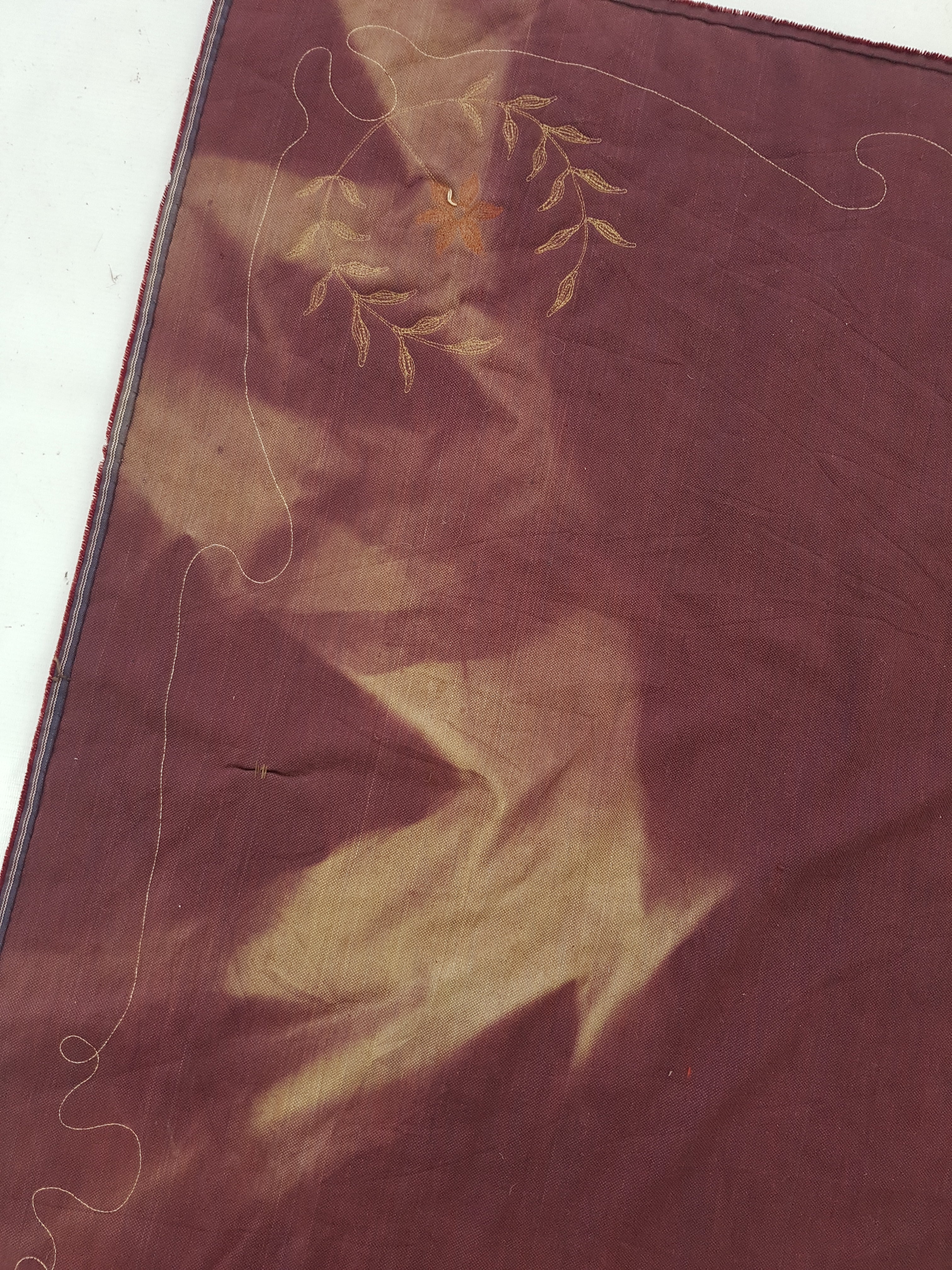 Antique Traditional Floral Hand Embroidered Burgundy Velvet Textile 156x128cm