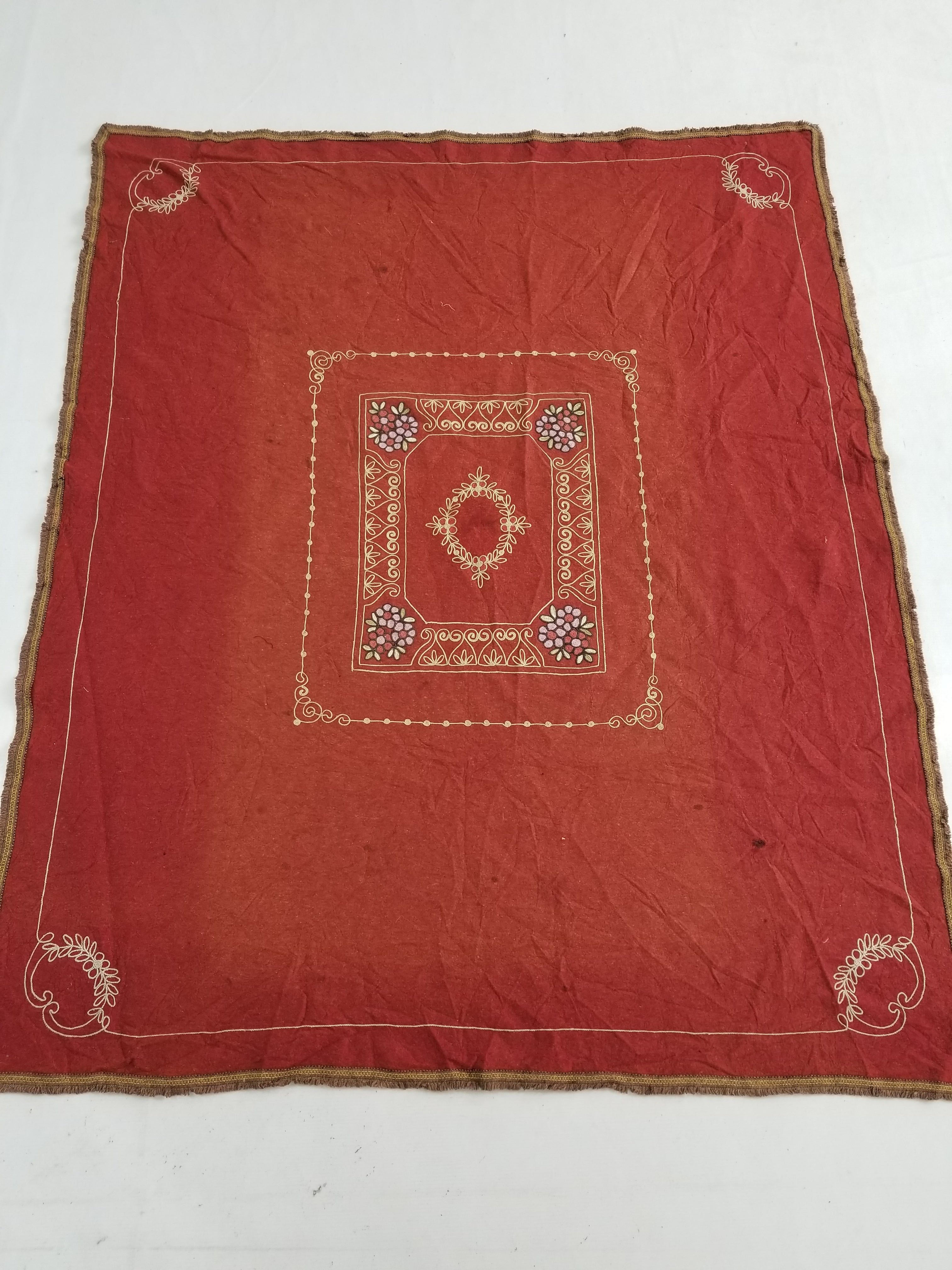 Antique Eastern European Floral Embroidered Felt Decorative Textile 144x118cm
