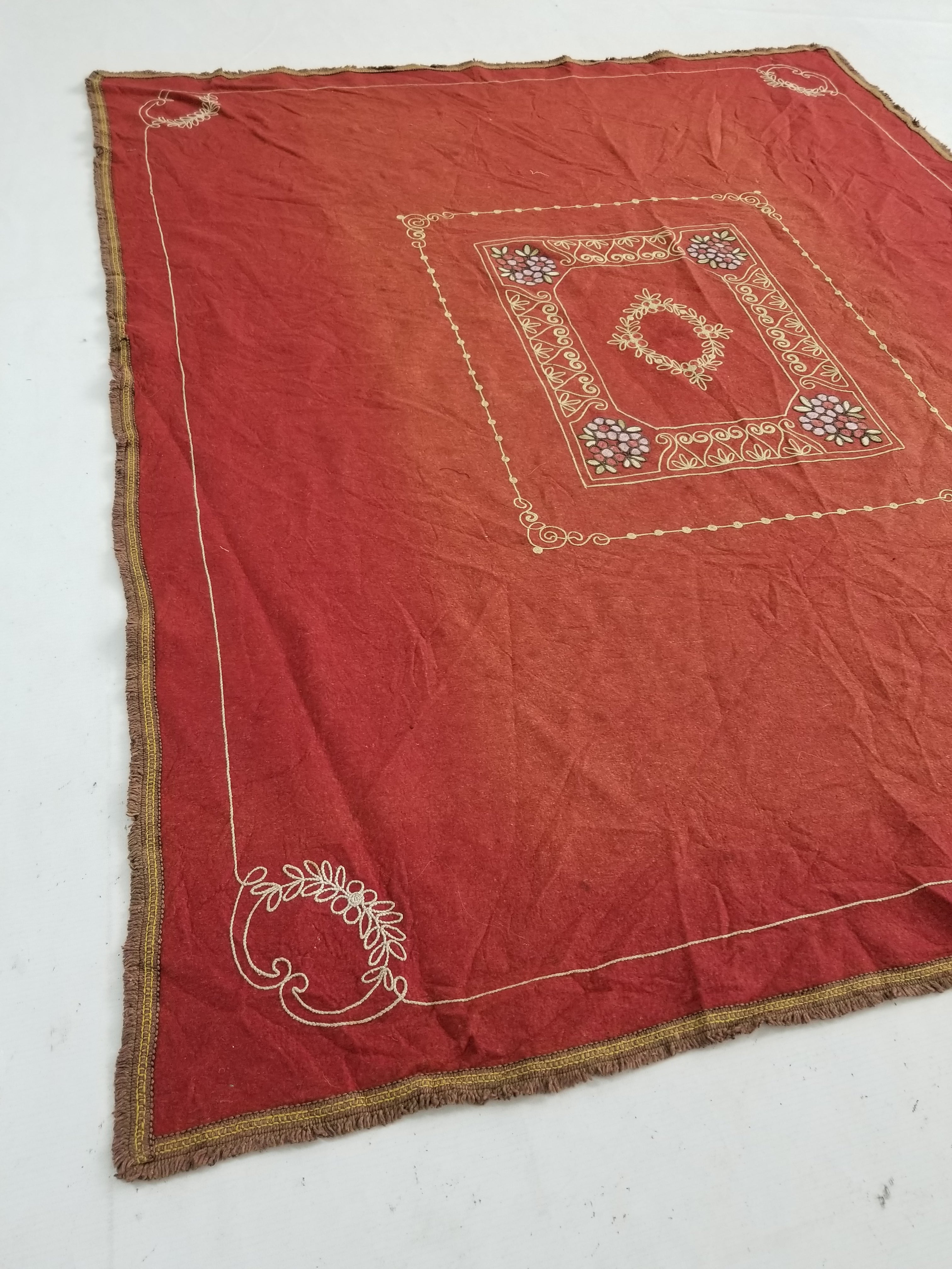 Antique Eastern European Floral Embroidered Felt Decorative Textile 144x118cm