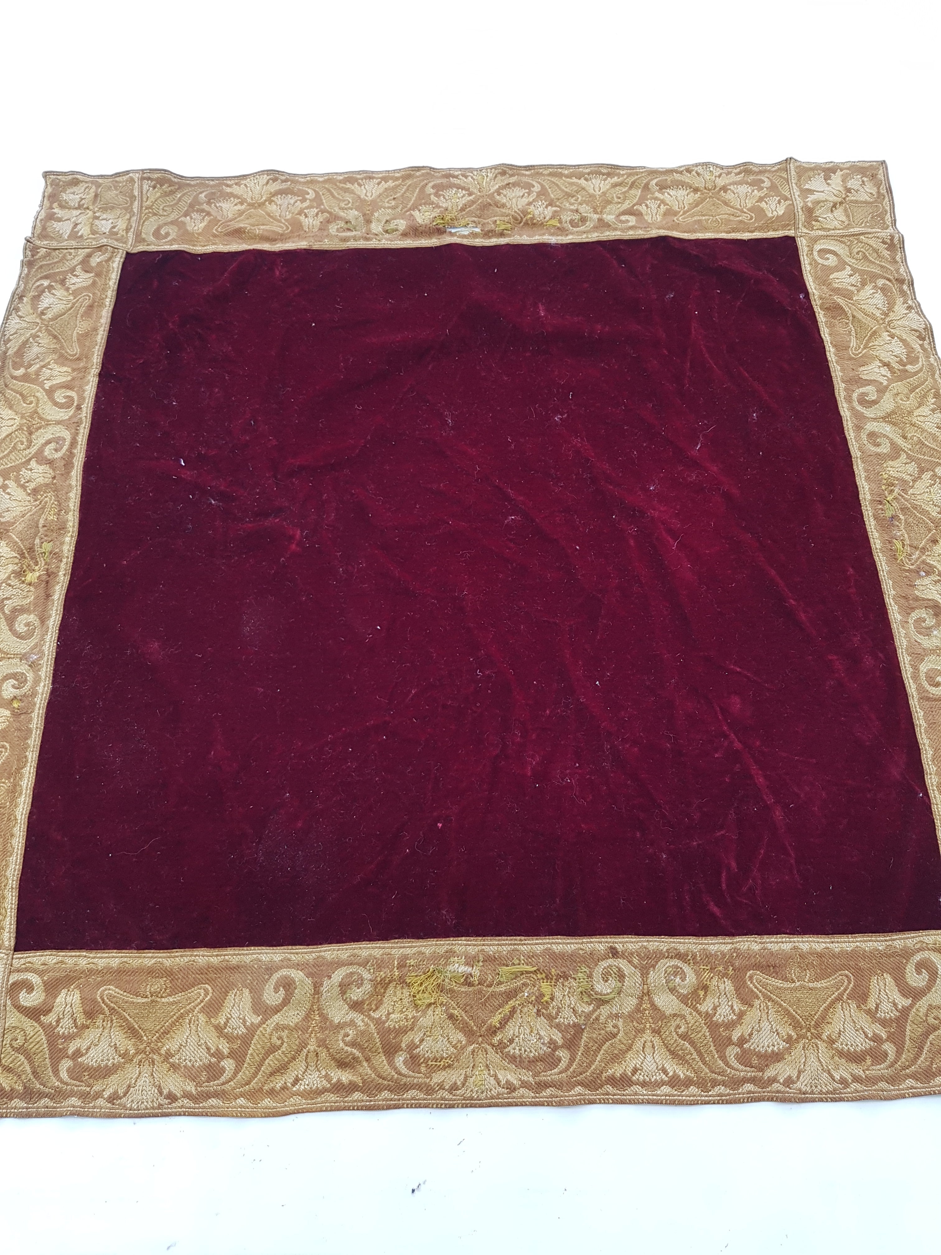 Vintage Traditional Maroon Velvet Textile with Brocade Scrollwork Border 131x130cm