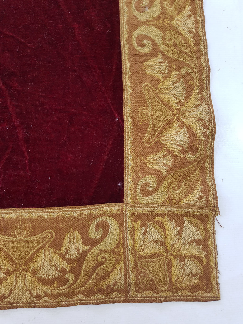 Vintage Traditional Maroon Velvet Textile with Brocade Scrollwork Border 131x130cm