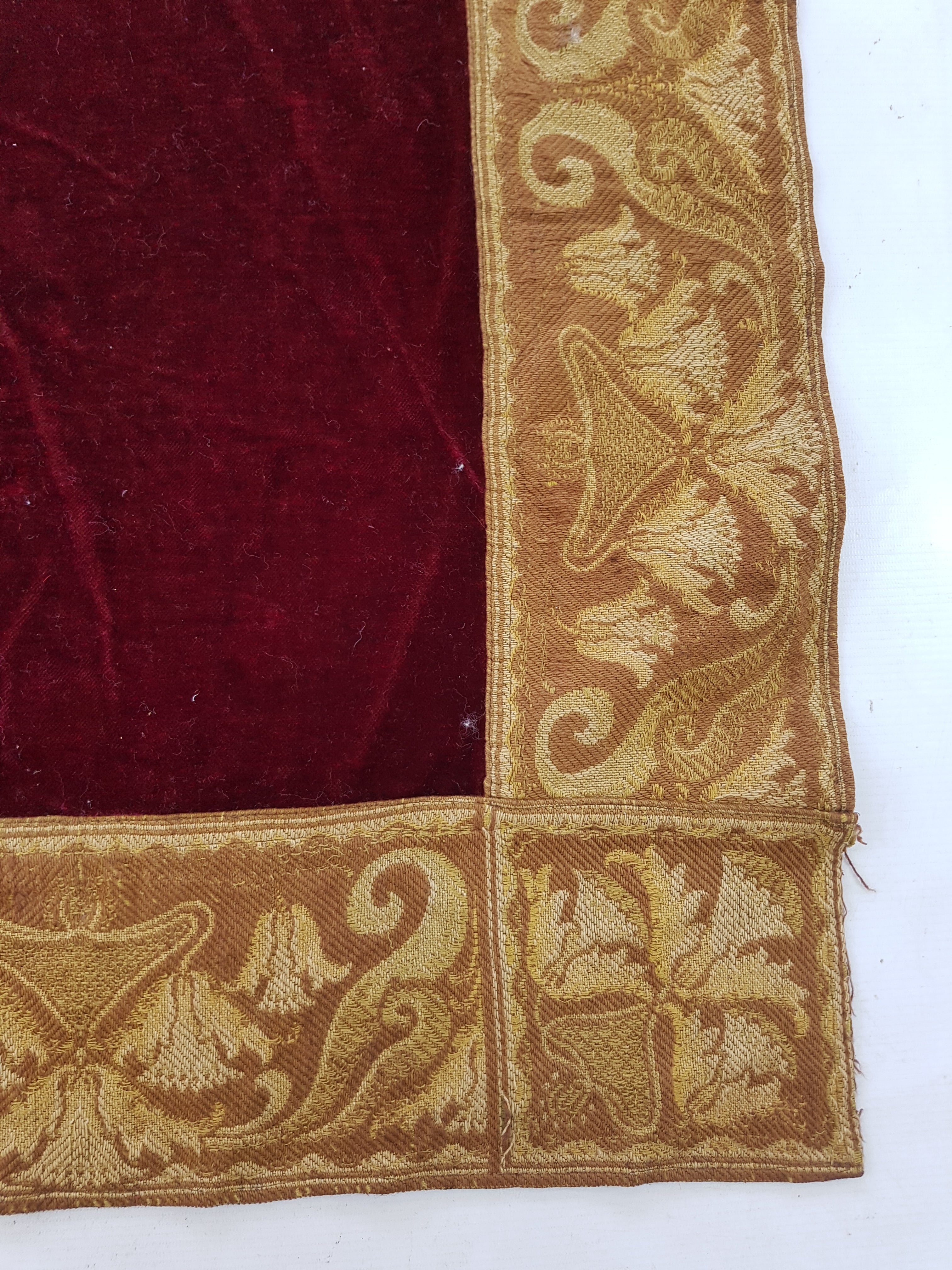 Vintage Traditional Maroon Velvet Textile with Brocade Scrollwork Border 131x130cm