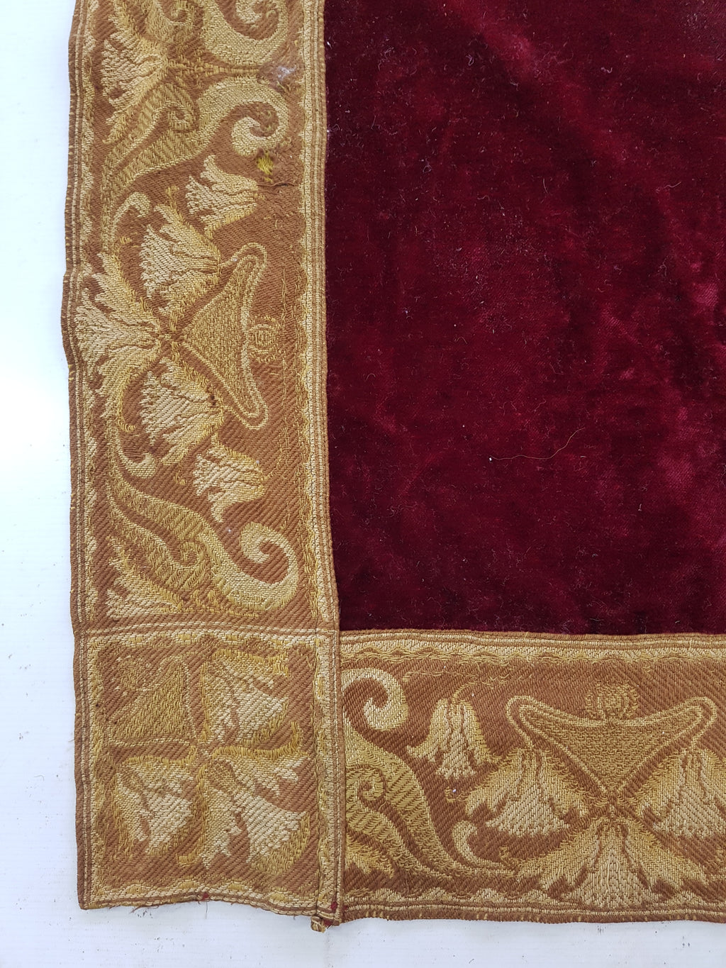 Vintage Traditional Maroon Velvet Textile with Brocade Scrollwork Border 131x130cm