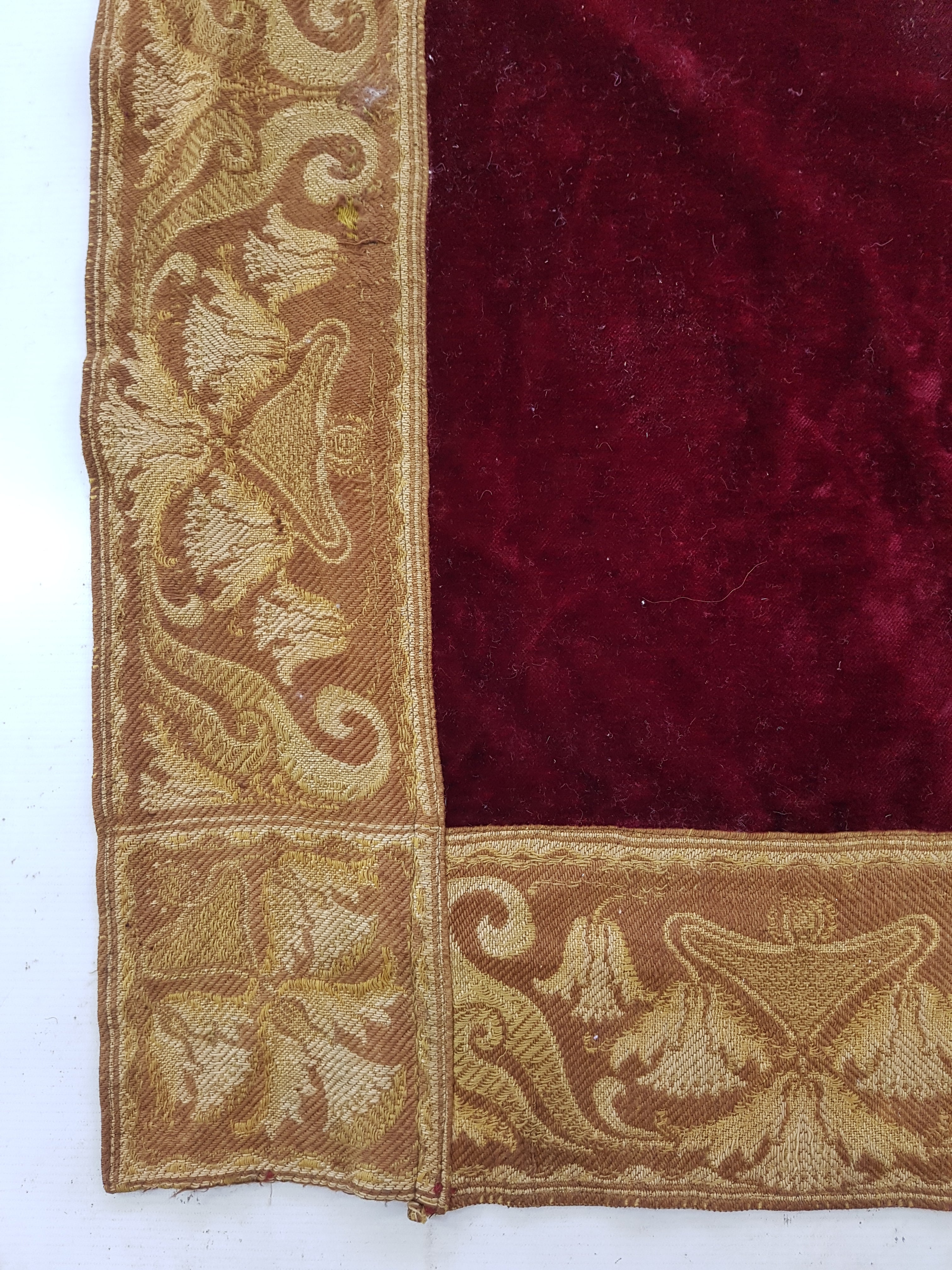 Vintage Traditional Maroon Velvet Textile with Brocade Scrollwork Border 131x130cm