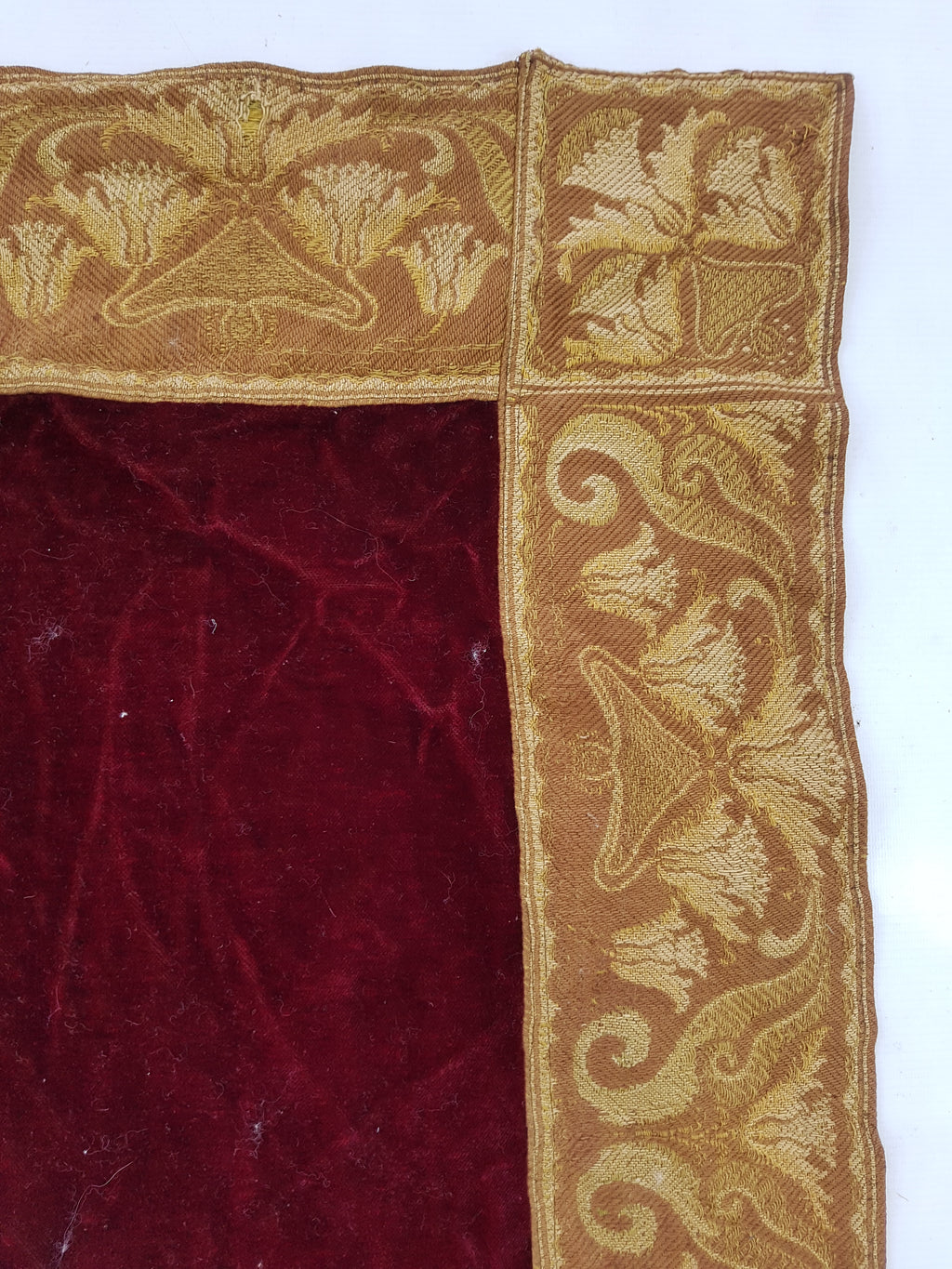 Vintage Traditional Maroon Velvet Textile with Brocade Scrollwork Border 131x130cm