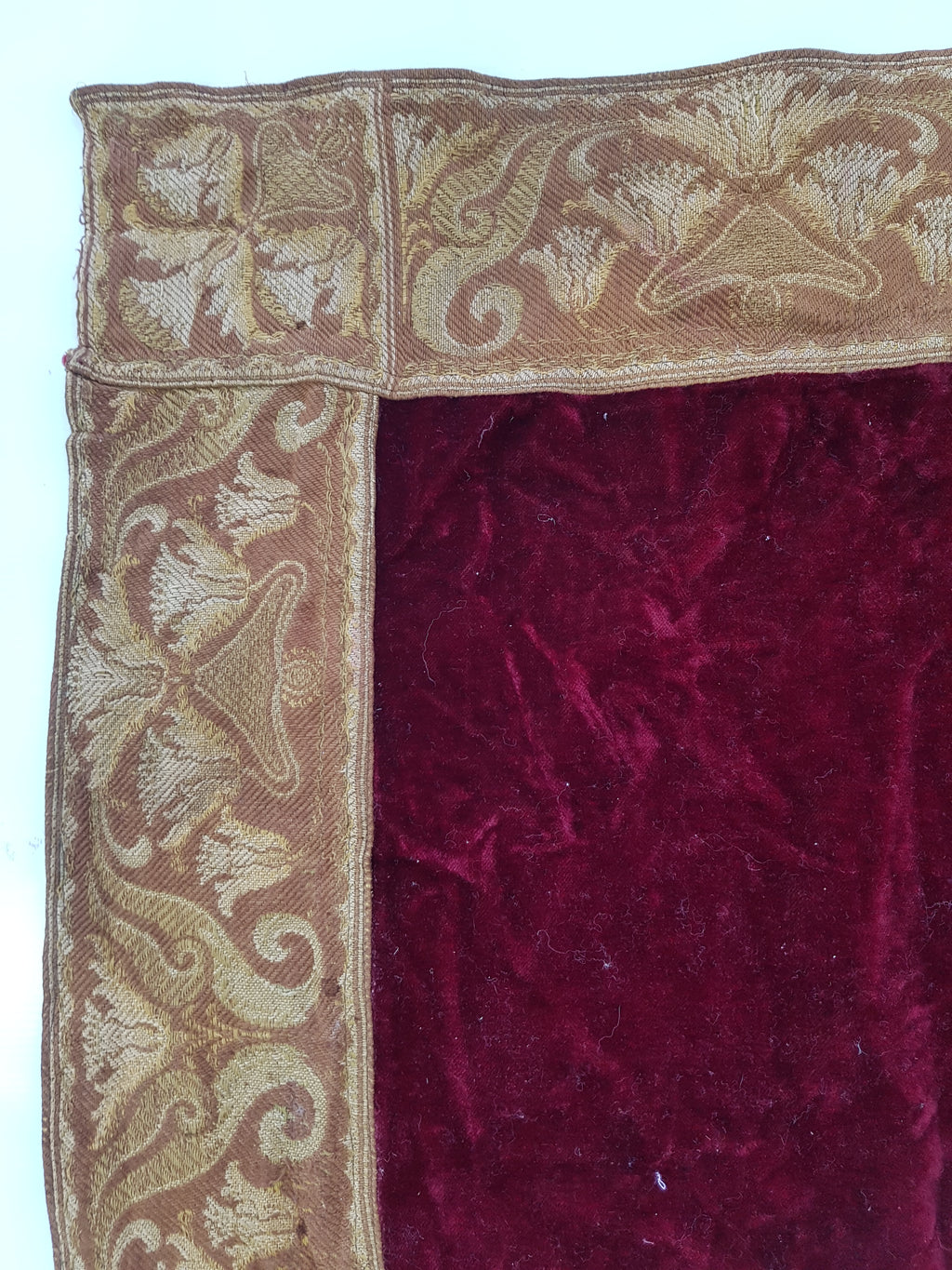 Vintage Traditional Maroon Velvet Textile with Brocade Scrollwork Border 131x130cm