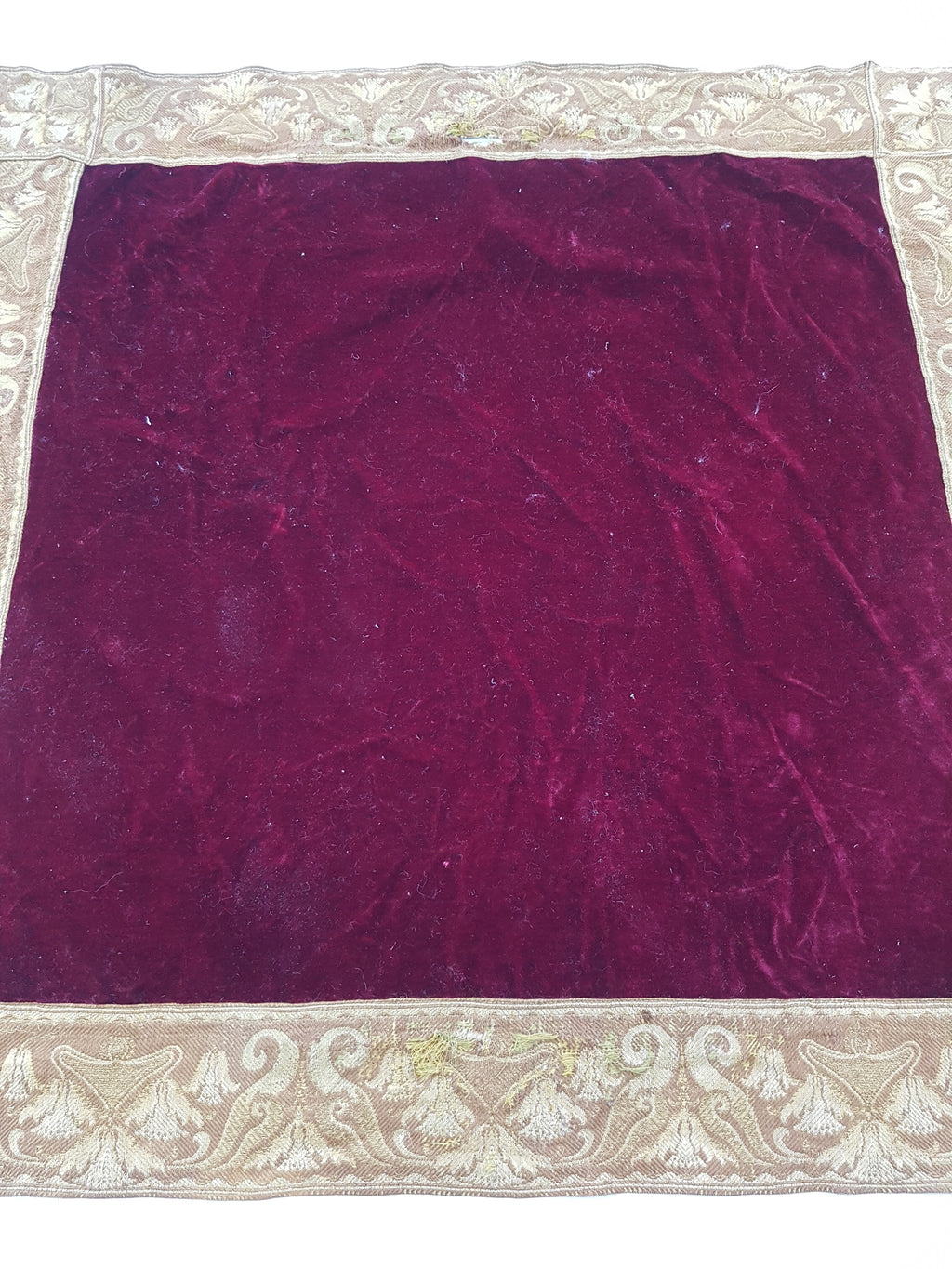 Vintage Traditional Maroon Velvet Textile with Brocade Scrollwork Border 131x130cm