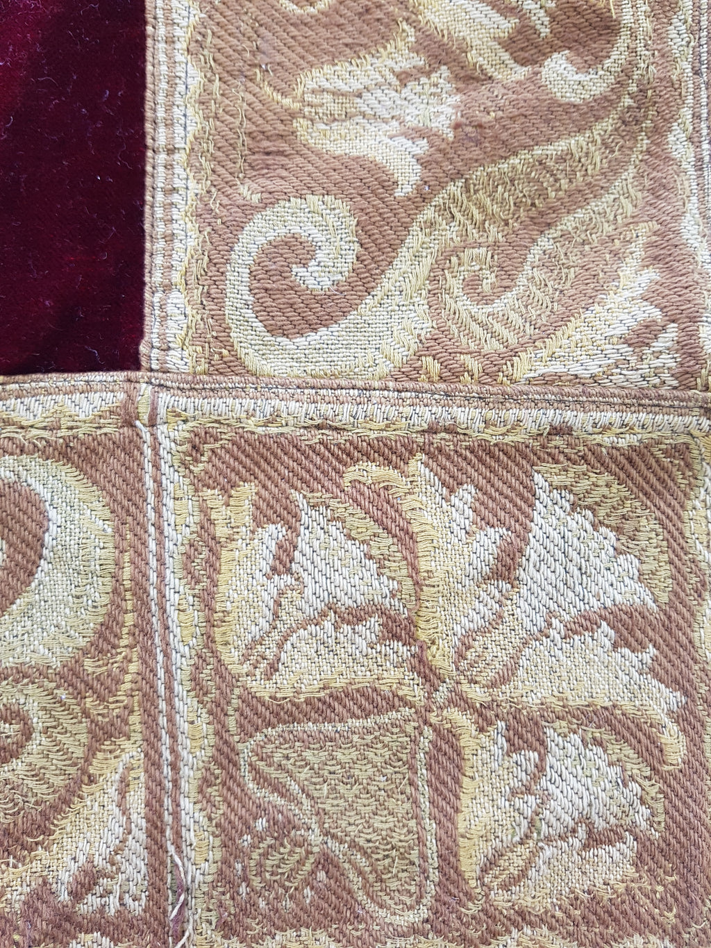 Vintage Traditional Maroon Velvet Textile with Brocade Scrollwork Border 131x130cm