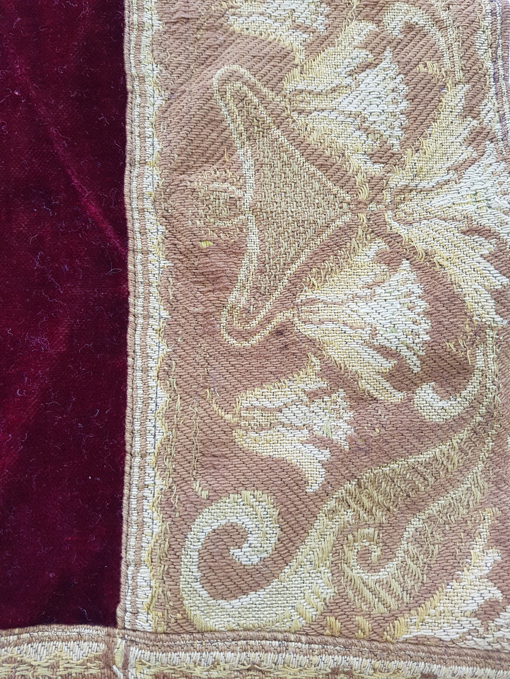Vintage Traditional Maroon Velvet Textile with Brocade Scrollwork Border 131x130cm