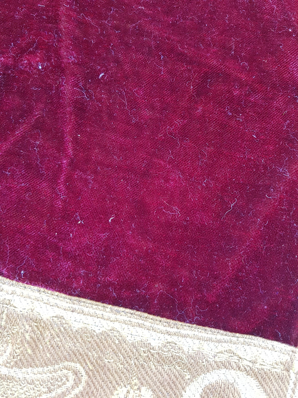 Vintage Traditional Maroon Velvet Textile with Brocade Scrollwork Border 131x130cm