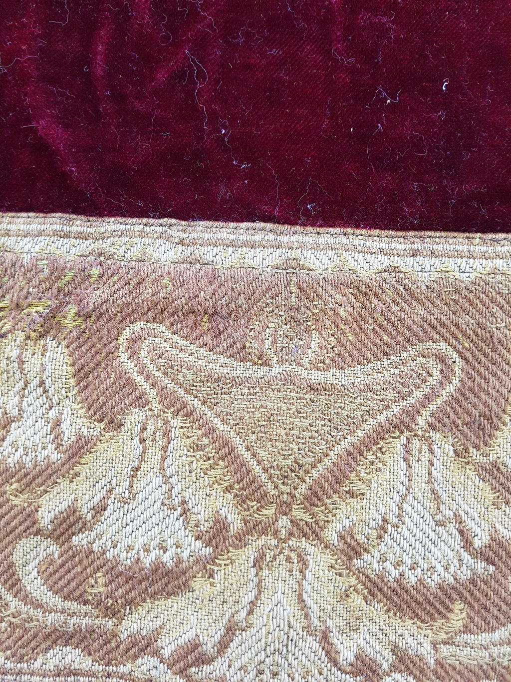 Vintage Traditional Maroon Velvet Textile with Brocade Scrollwork Border 131x130cm