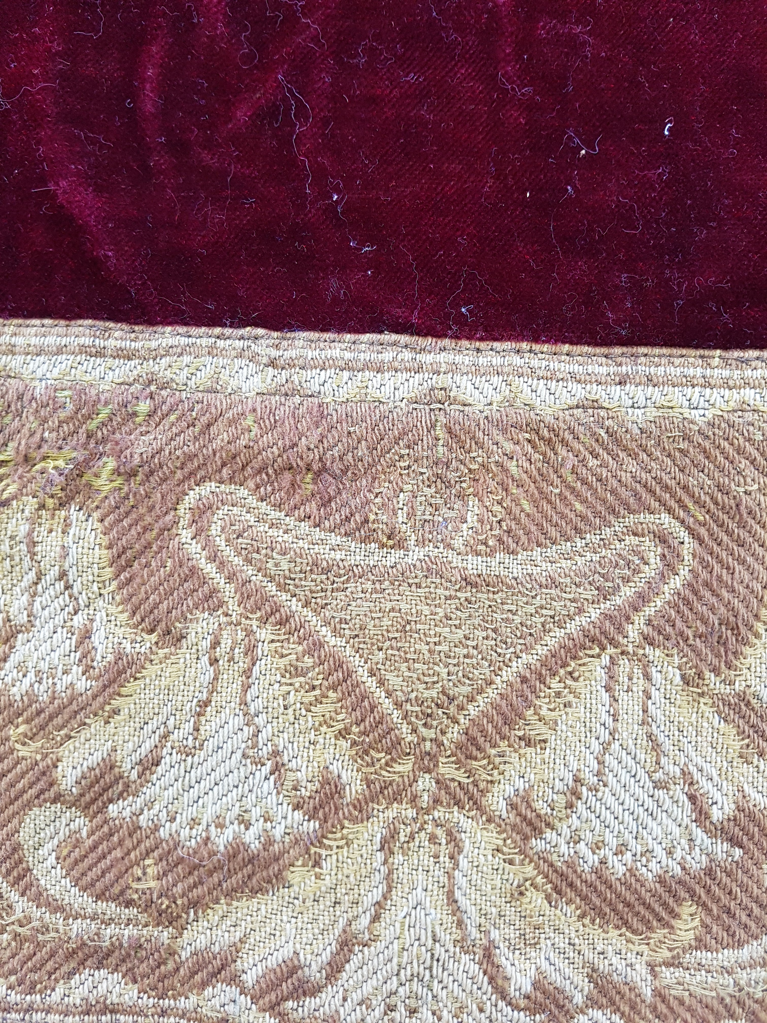 Vintage Traditional Maroon Velvet Textile with Brocade Scrollwork Border 131x130cm