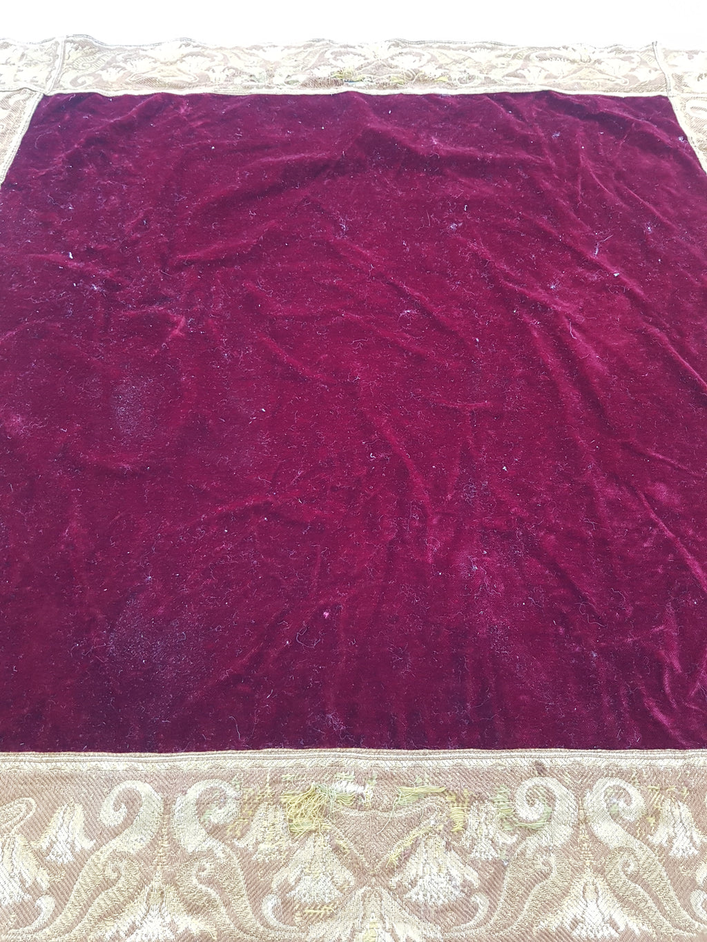 Vintage Traditional Maroon Velvet Textile with Brocade Scrollwork Border 131x130cm