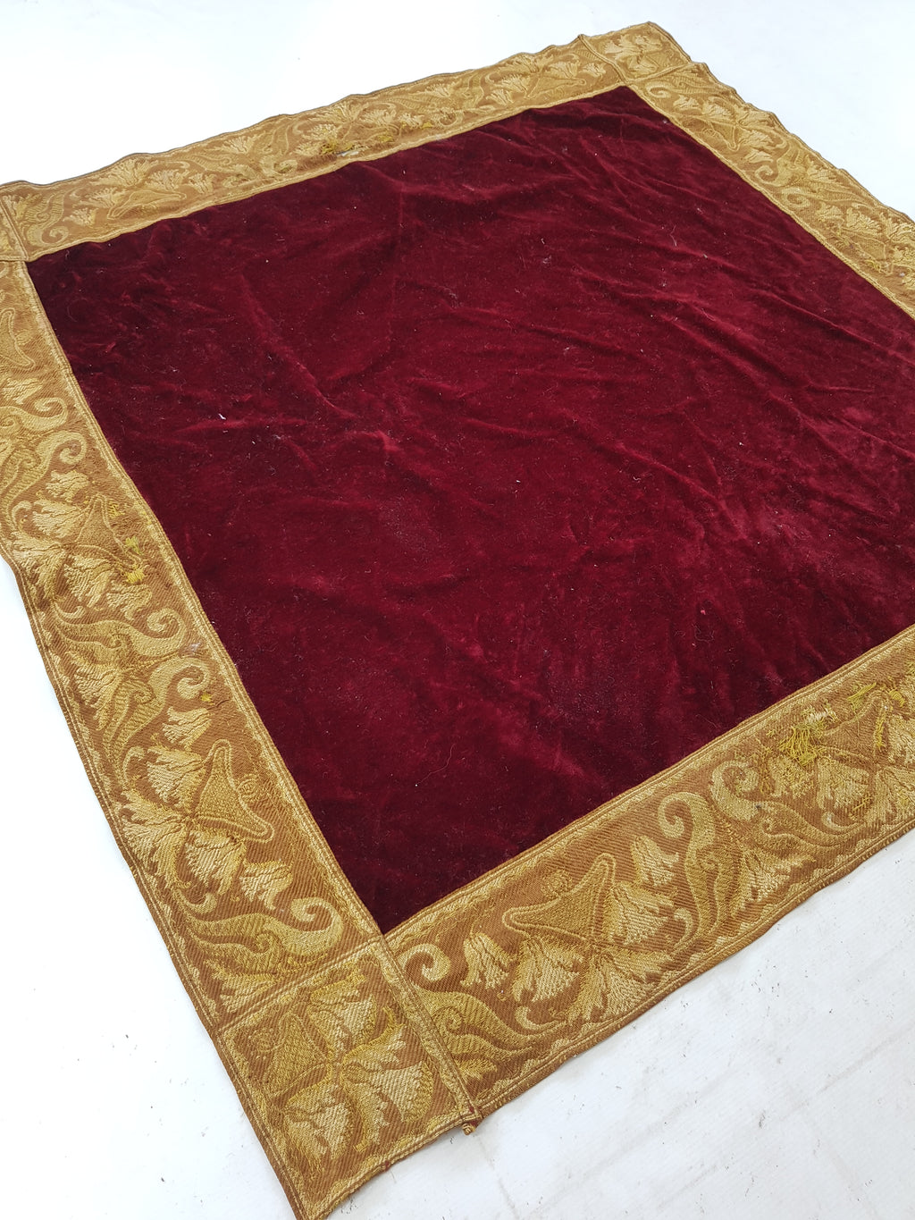 Vintage Traditional Maroon Velvet Textile with Brocade Scrollwork Border 131x130cm