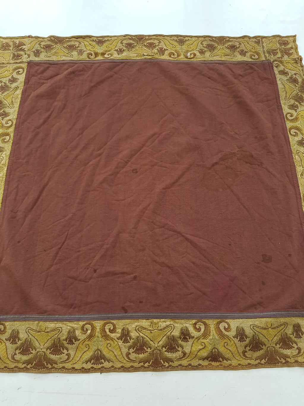 Vintage Traditional Maroon Velvet Textile with Brocade Scrollwork Border 131x130cm