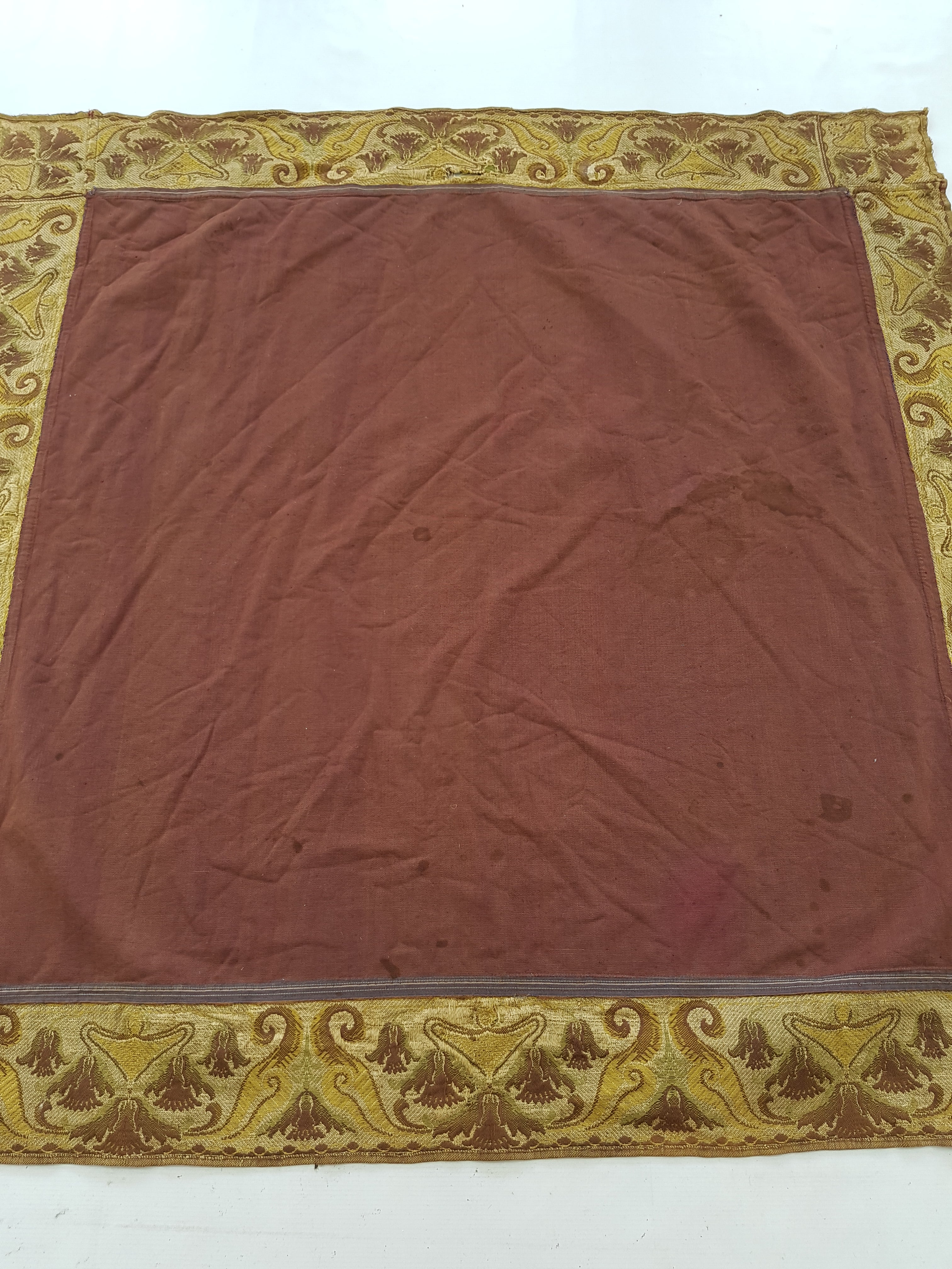 Vintage Traditional Maroon Velvet Textile with Brocade Scrollwork Border 131x130cm