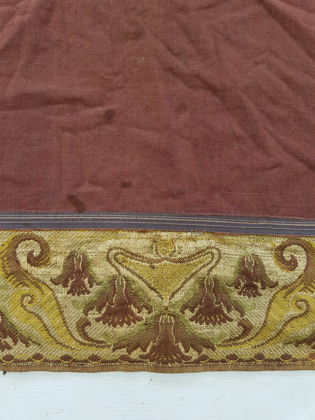 Vintage Traditional Maroon Velvet Textile with Brocade Scrollwork Border 131x130cm