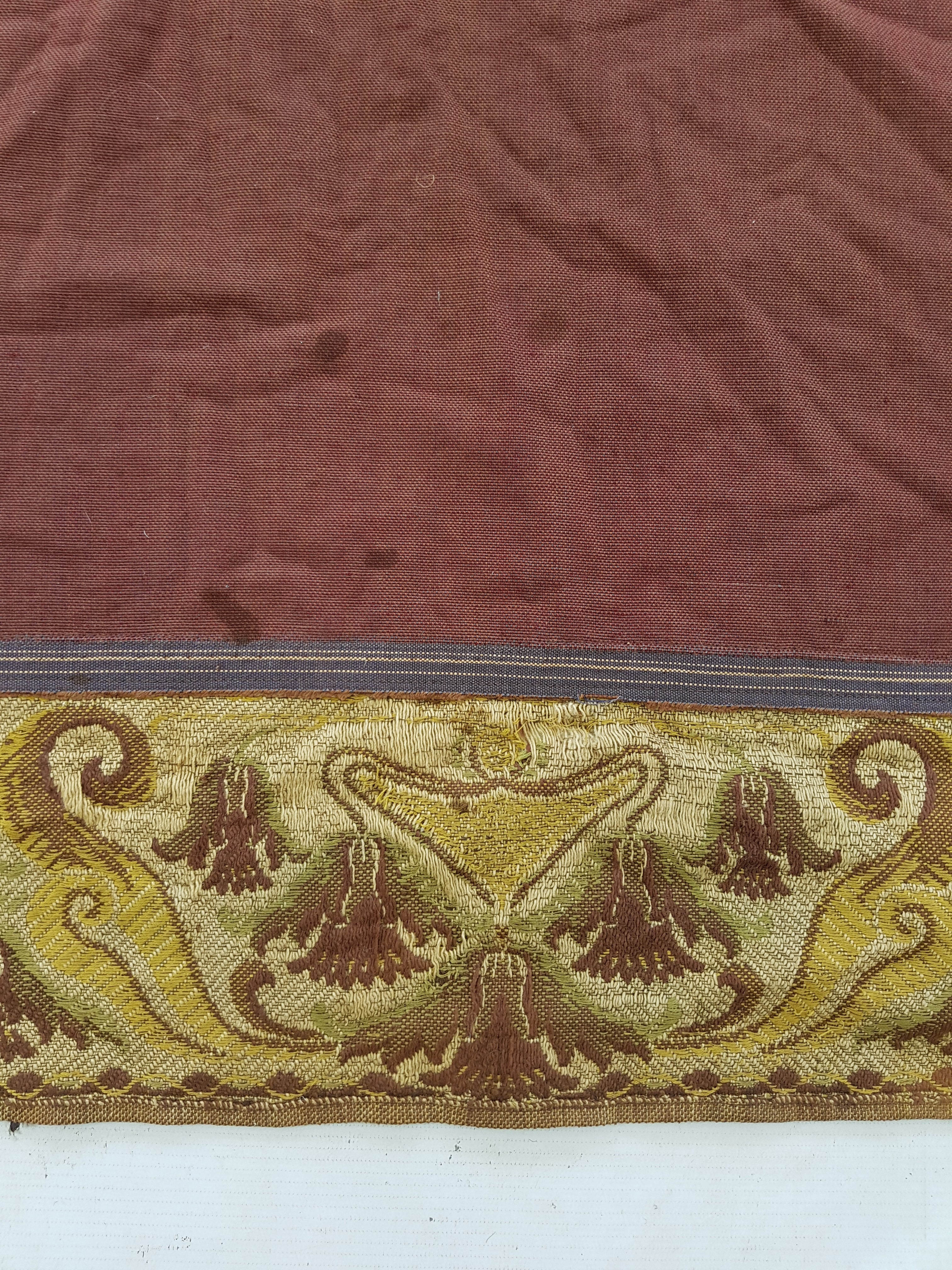 Vintage Traditional Maroon Velvet Textile with Brocade Scrollwork Border 131x130cm