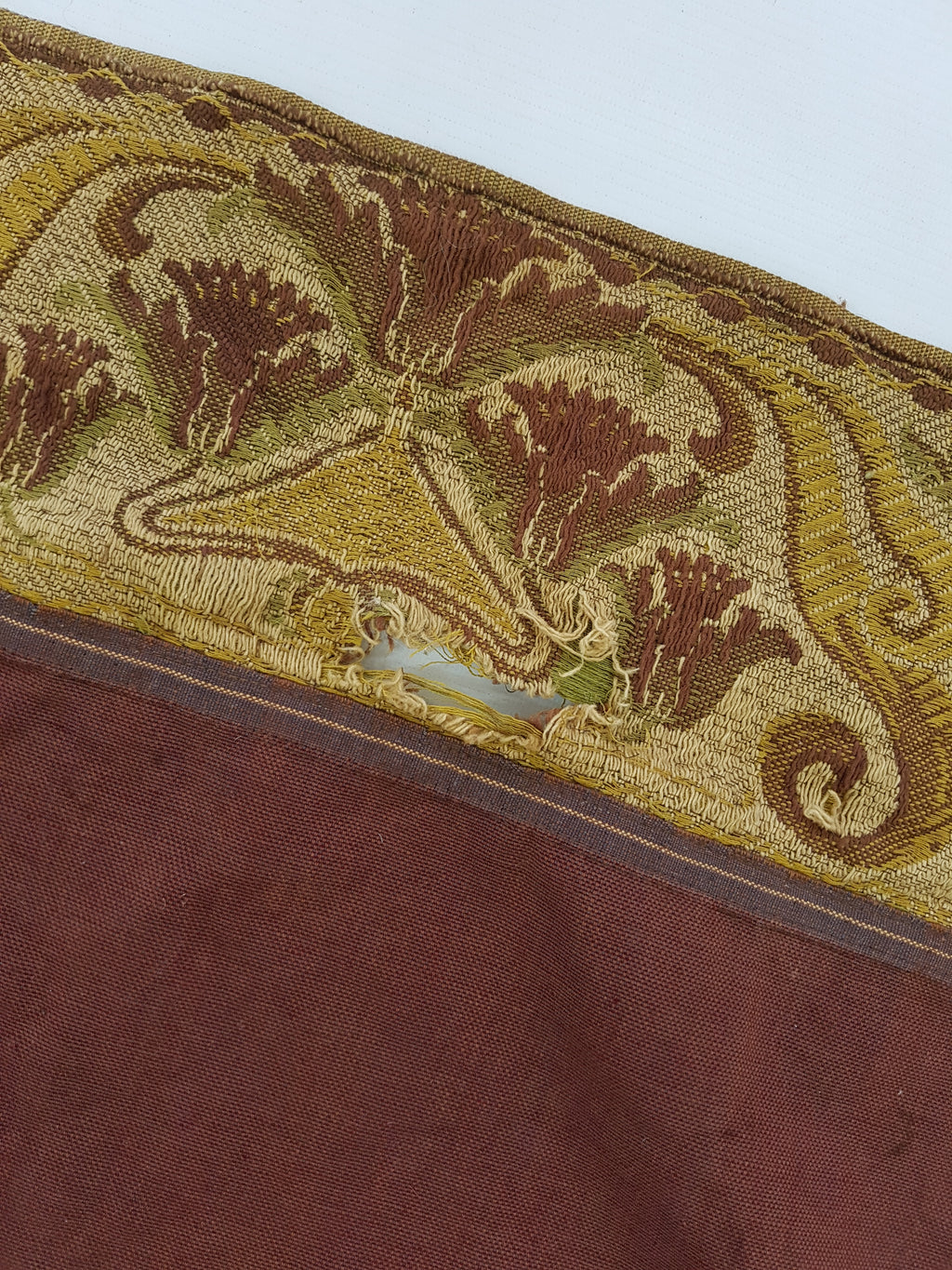 Vintage Traditional Maroon Velvet Textile with Brocade Scrollwork Border 131x130cm