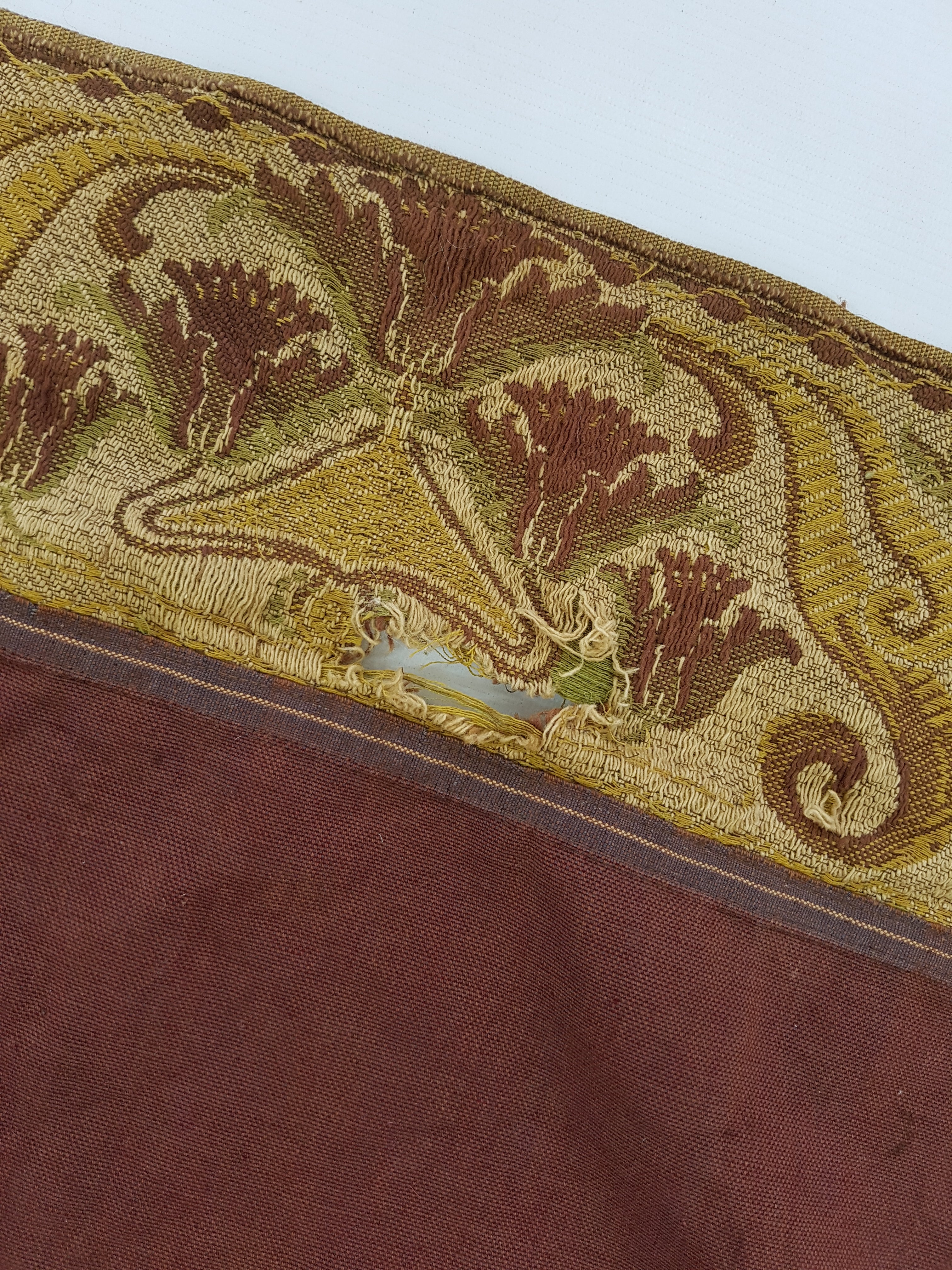 Vintage Traditional Maroon Velvet Textile with Brocade Scrollwork Border 131x130cm